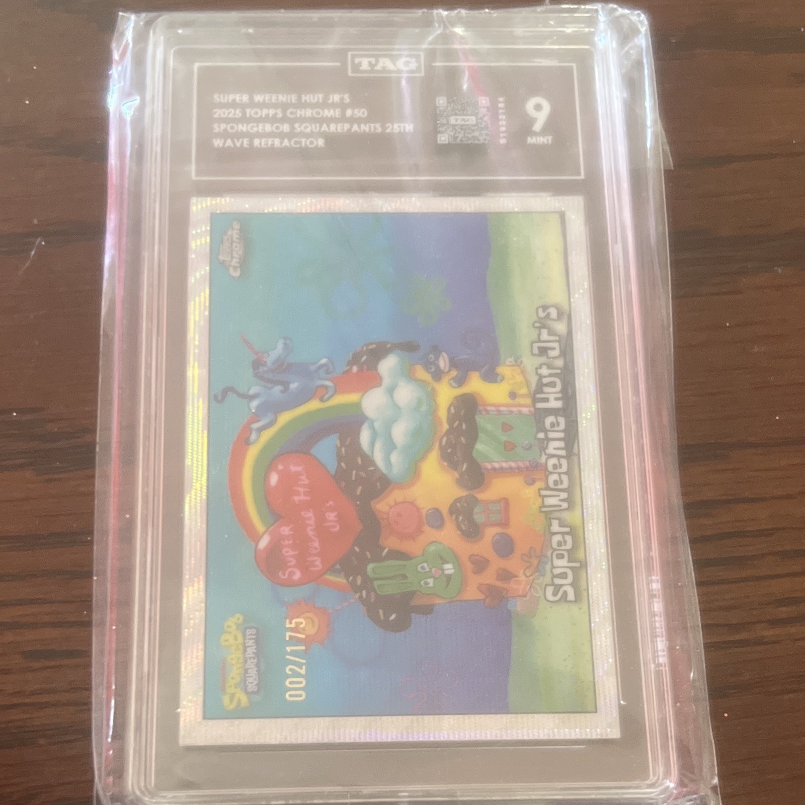 Topps 2025 Chrome SpongeBob 25th #50 Super Weenie Hut Jr\'s Wave 002/175 TAG 9