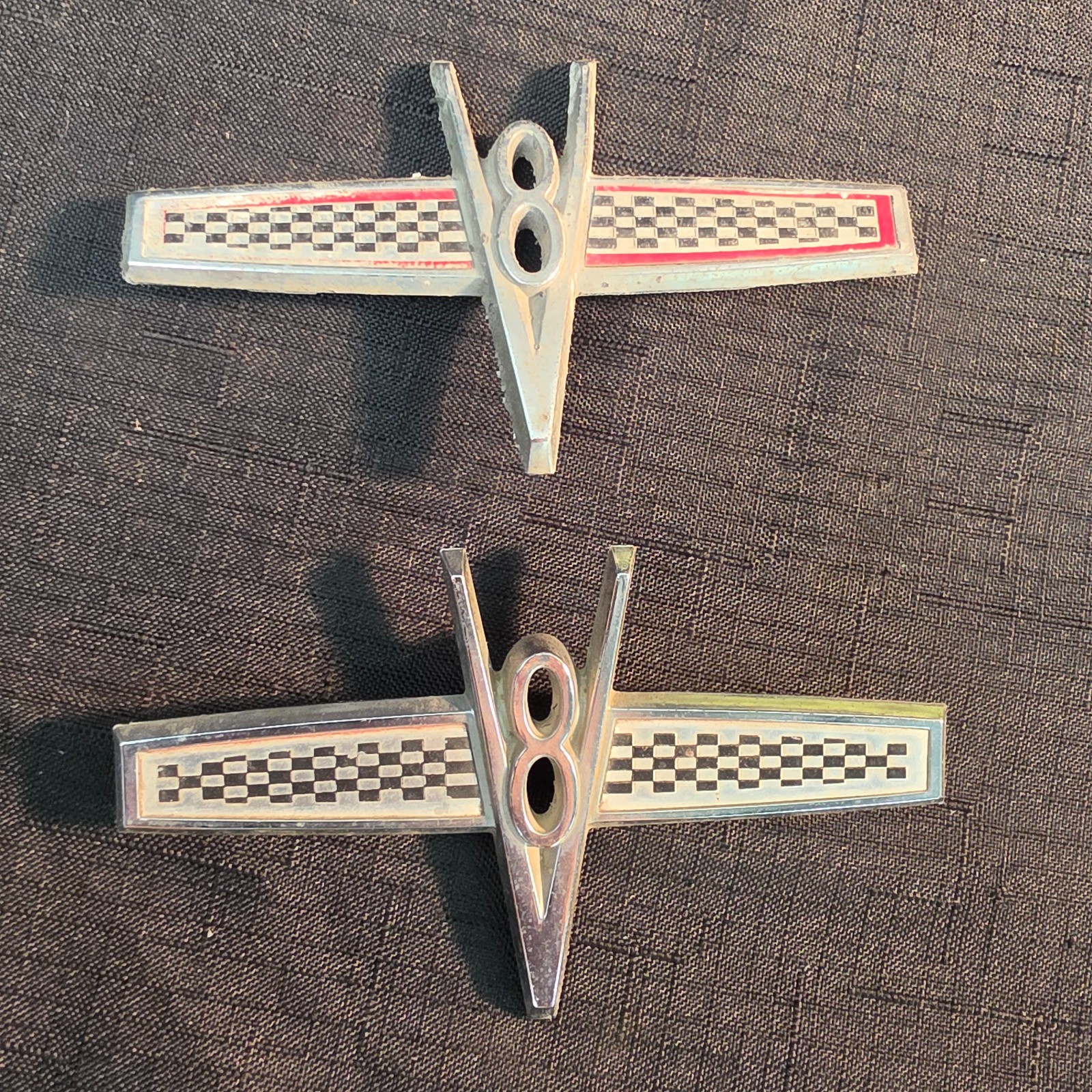 Vintage OEM Ford Falcon V8 Fender Emblem Badges Pair C4DB-16237-A Checkered Flag