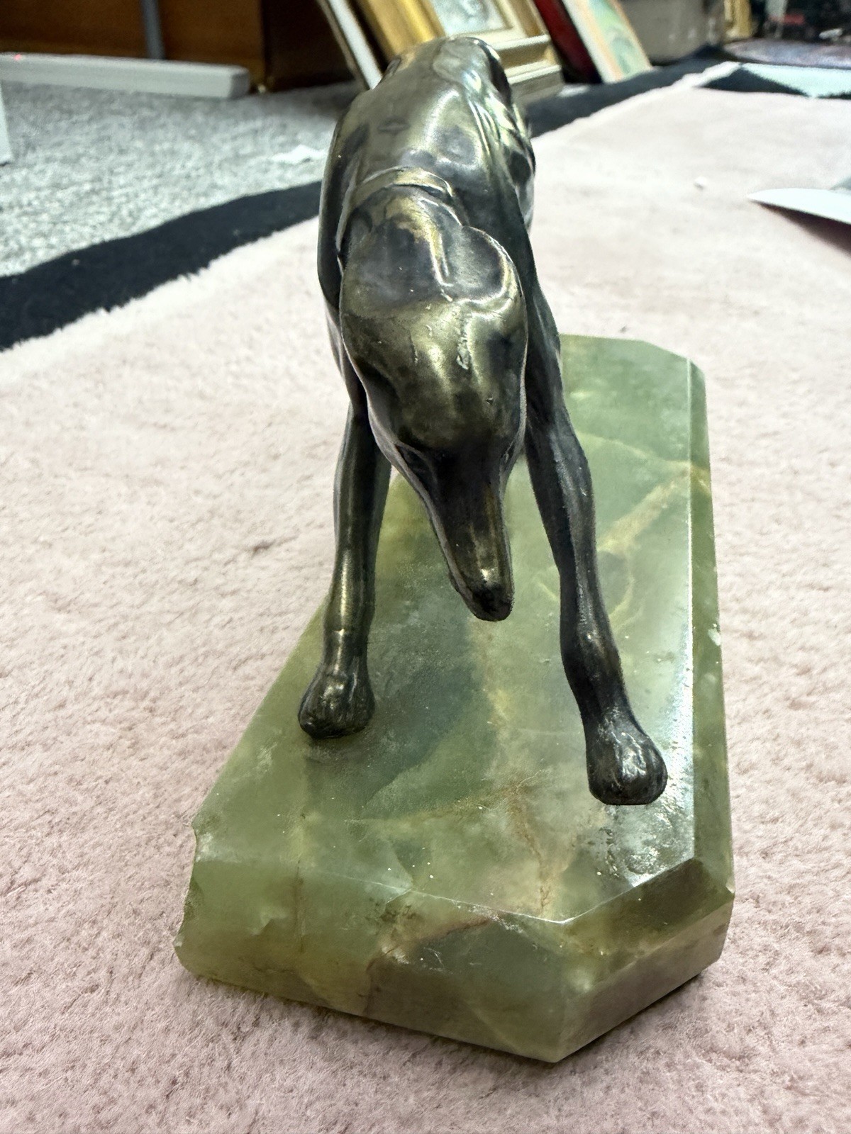 Bronze Greyhound or Whippet figure on Green Onyx, Possibly from France