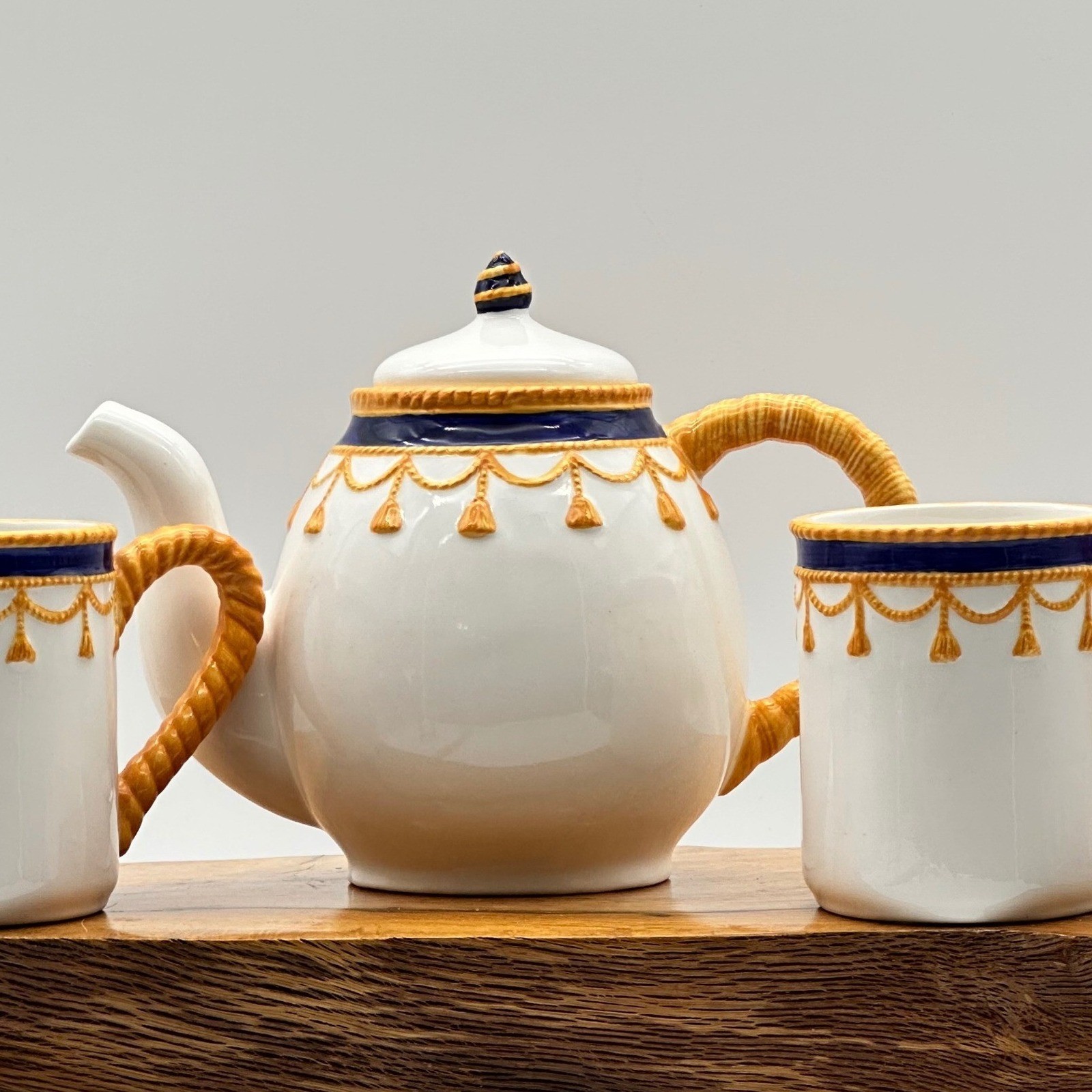 CMC Vintage 1992 Handpainted Ceramic Teapot and Mugs Set Blue Gold Tassel