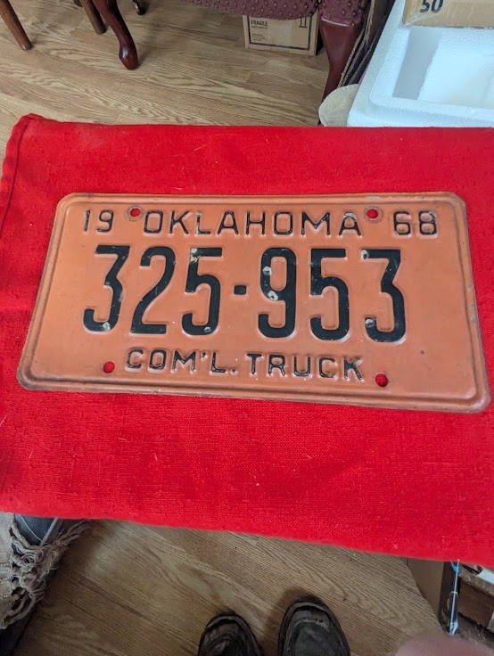 1968 Oklahoma Commercial Truck License Plate 325‑953 • Orange & Black • Vintage 