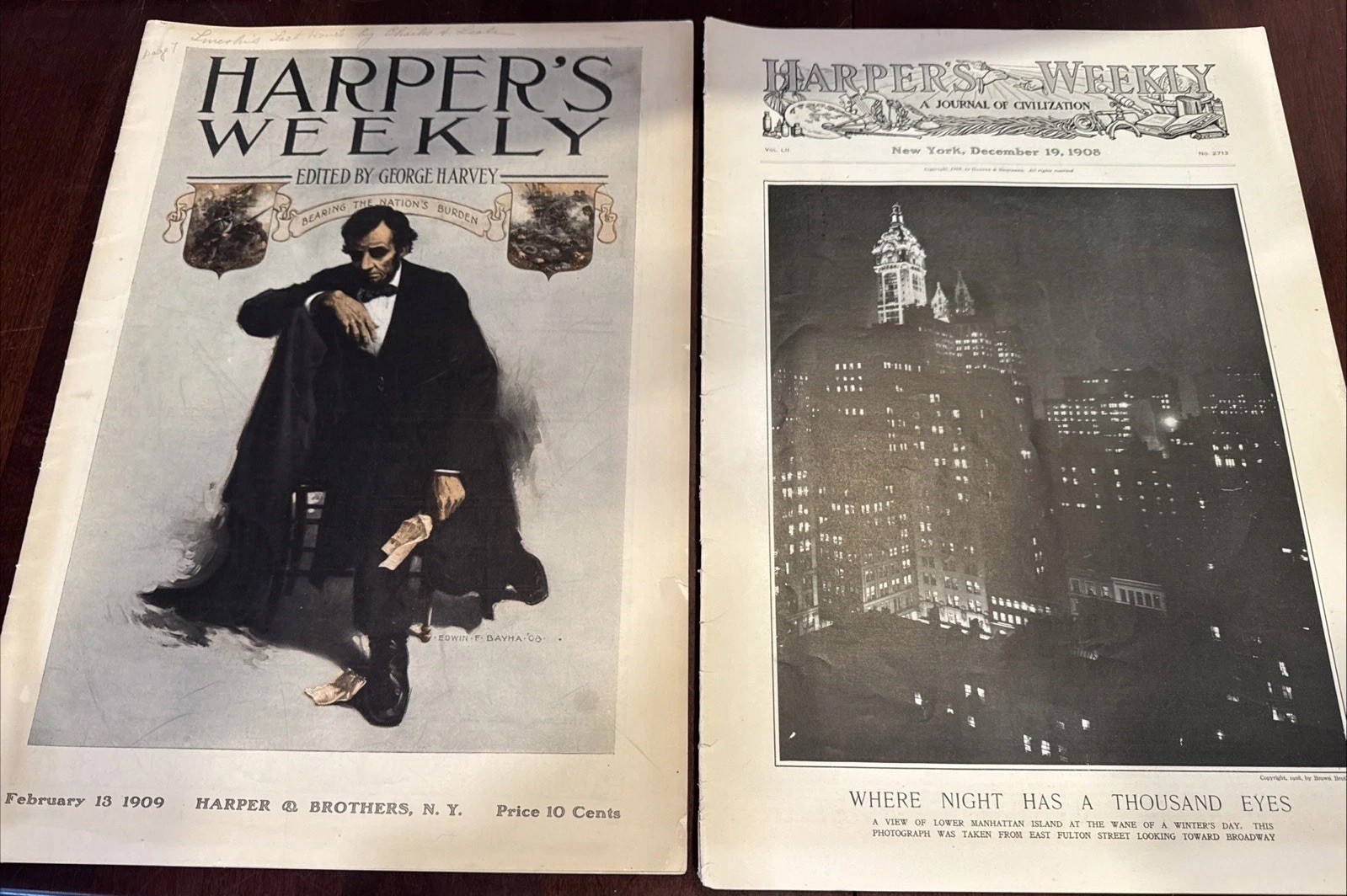 2 Antique 1908/1909 Harper\'s Weekly Magazines 2 Antique 1908/1909 Harper\'s Weekly Magazines