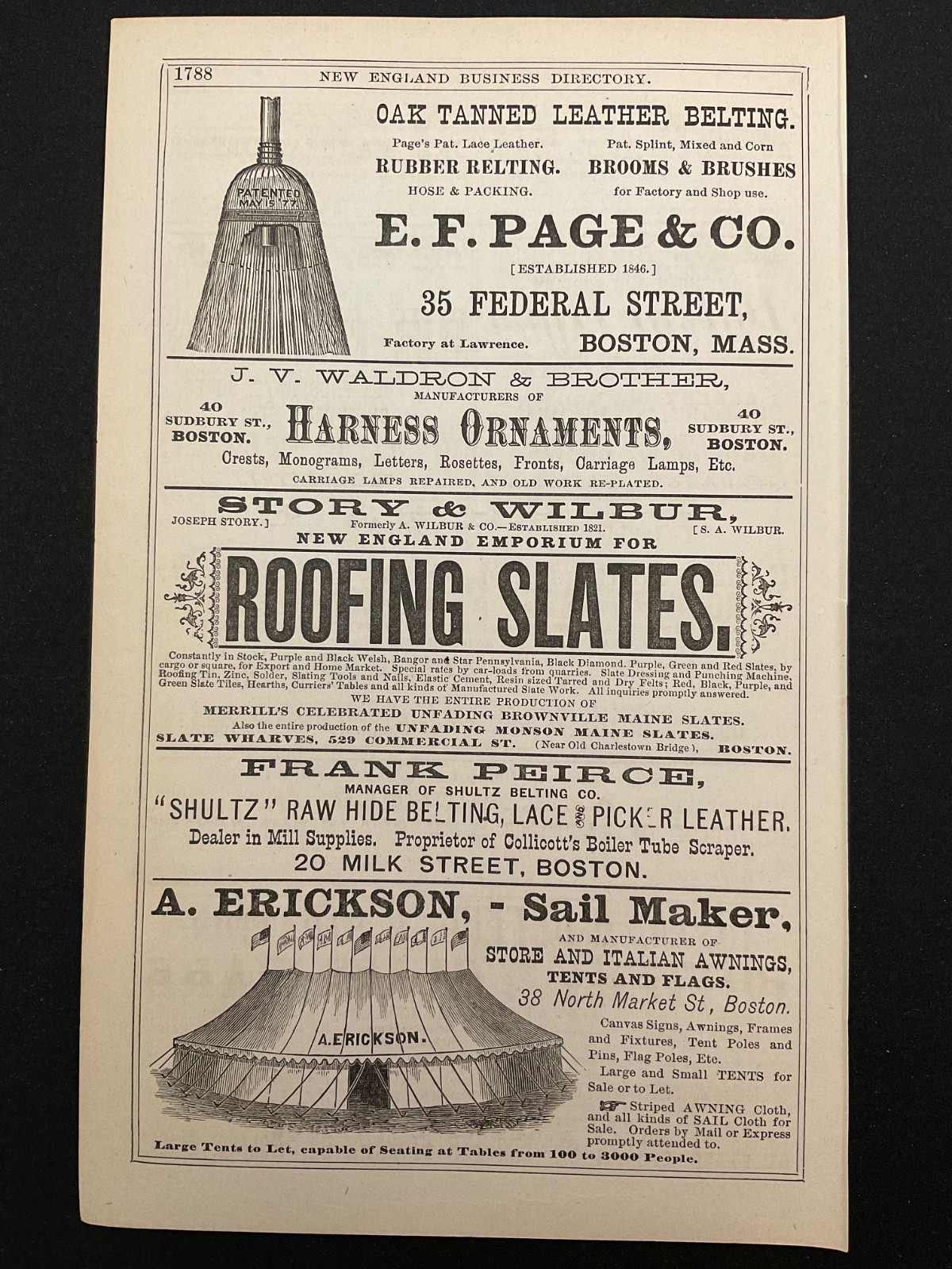 1883 Antique Ad Page A Erickson Sail Maker Awnings Tents & Flags, Spencer Patent