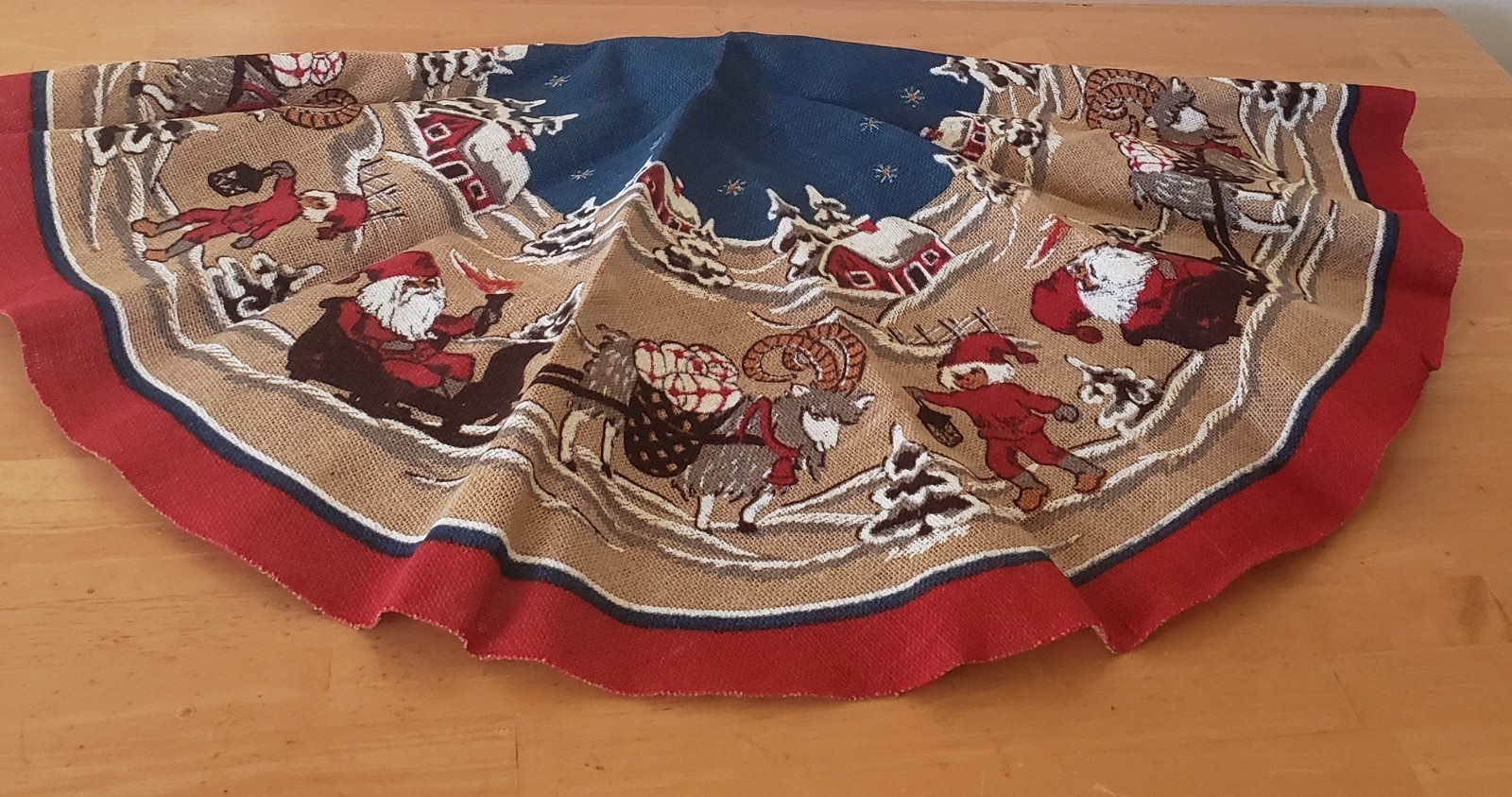VTG Sweden Painted Burlap Christmas Tree Skirt  40” Gnomes Elf Sled  Christmas 