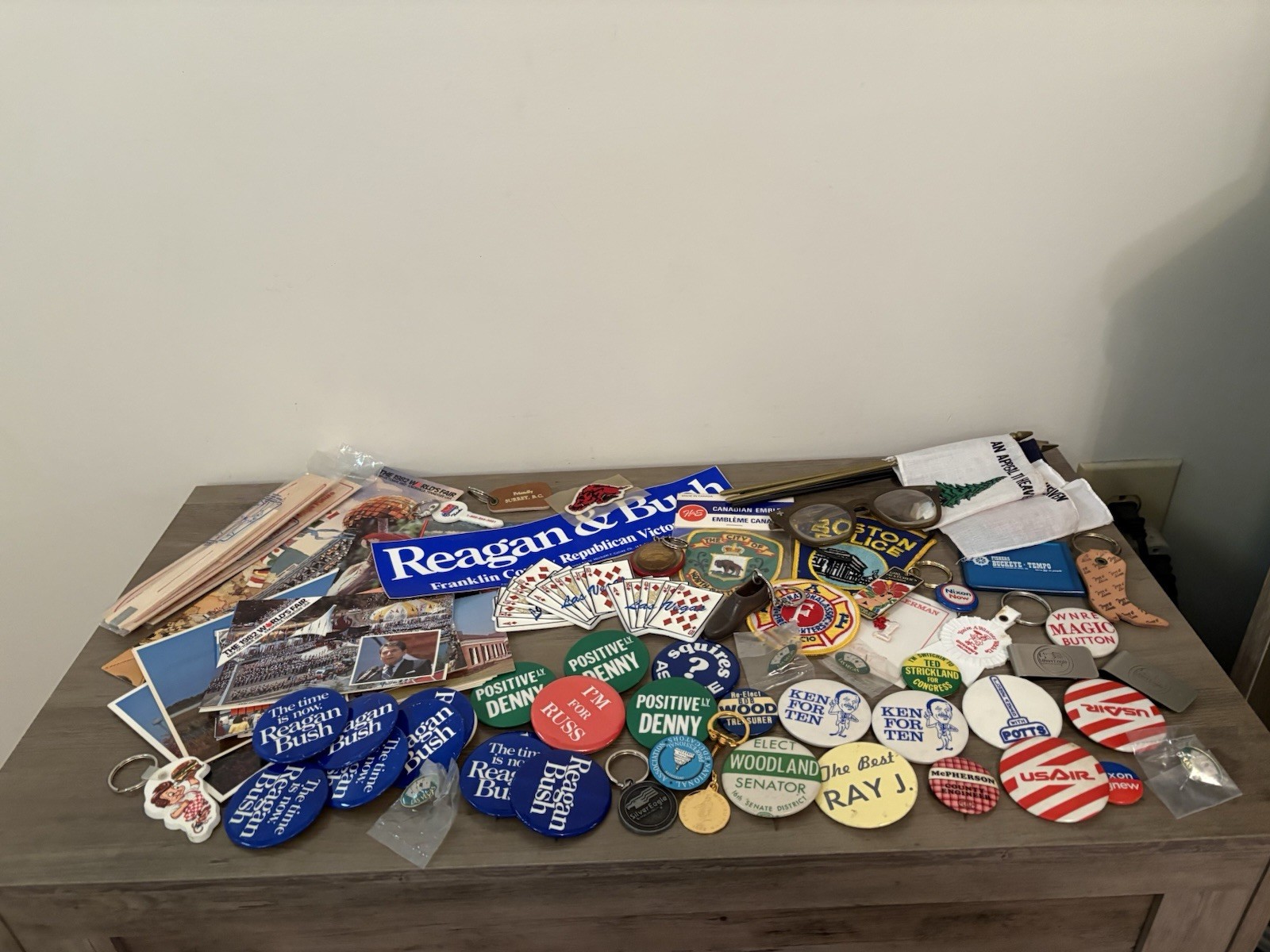 Vtg Junk Drawer Lot. Political And More. Pinback Buttons, Patches, Keychains +