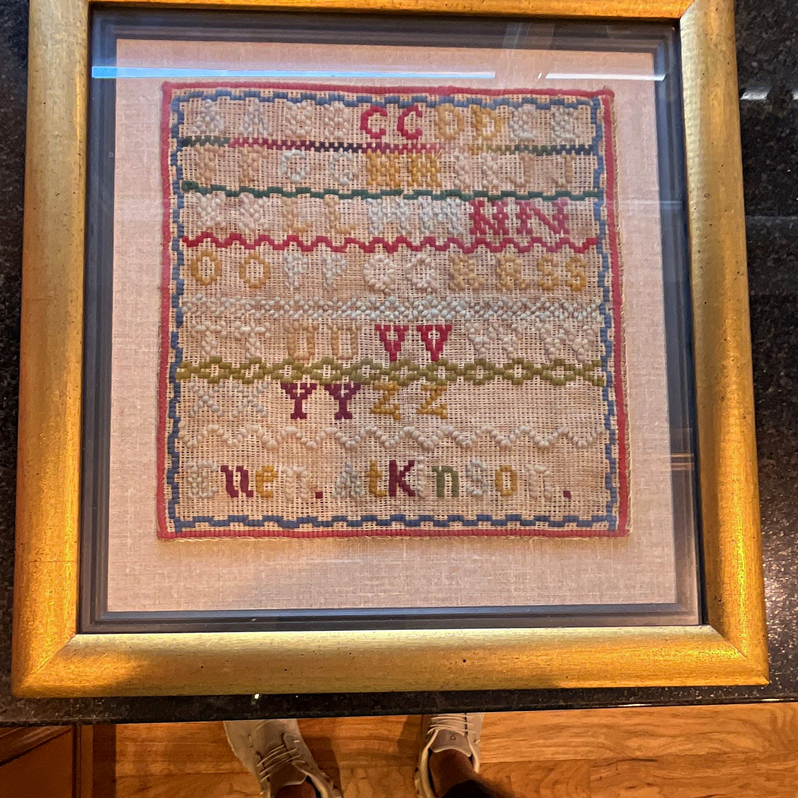 Antique 19thC Needlework Alphabet Sampler Framed - Named Ellen Atkinson