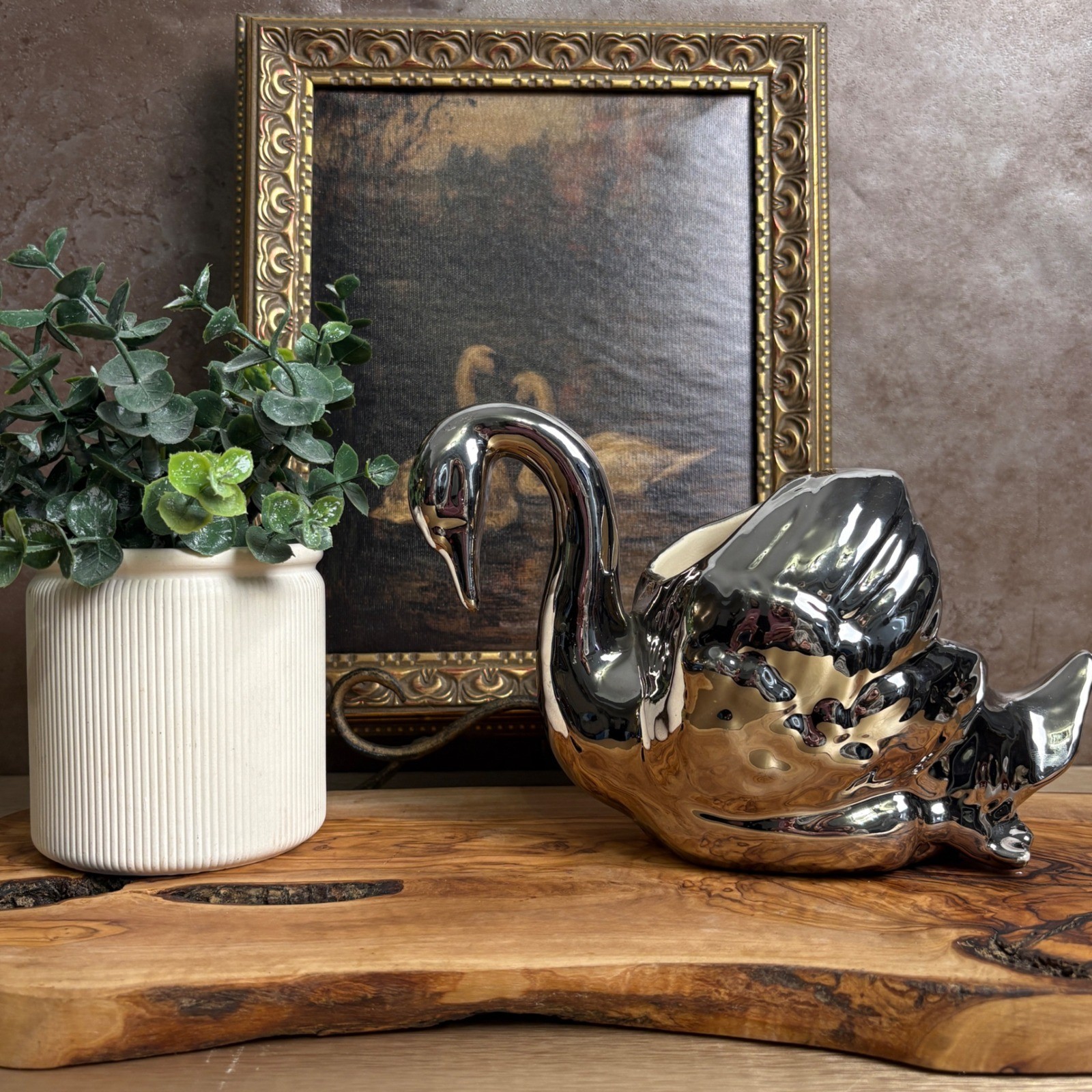 Vintage Platinum Luster Ceramic Swan Planter #3046 Silver Hollywood Regency 9\
