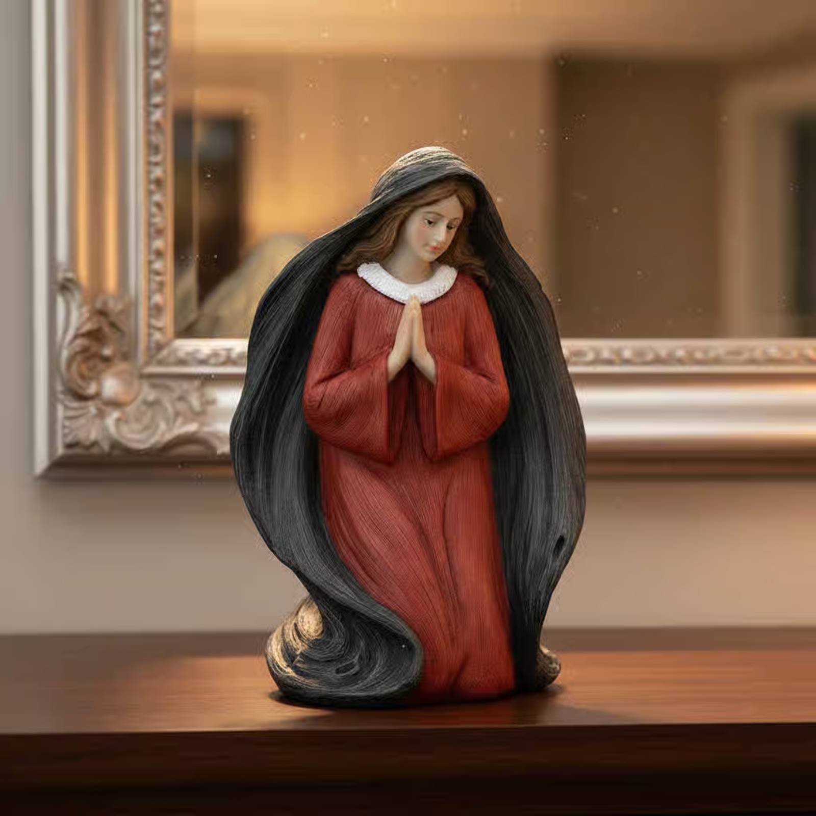 Kneeling Nun Figurine Devotional Art Piece Resin Religious Figure for