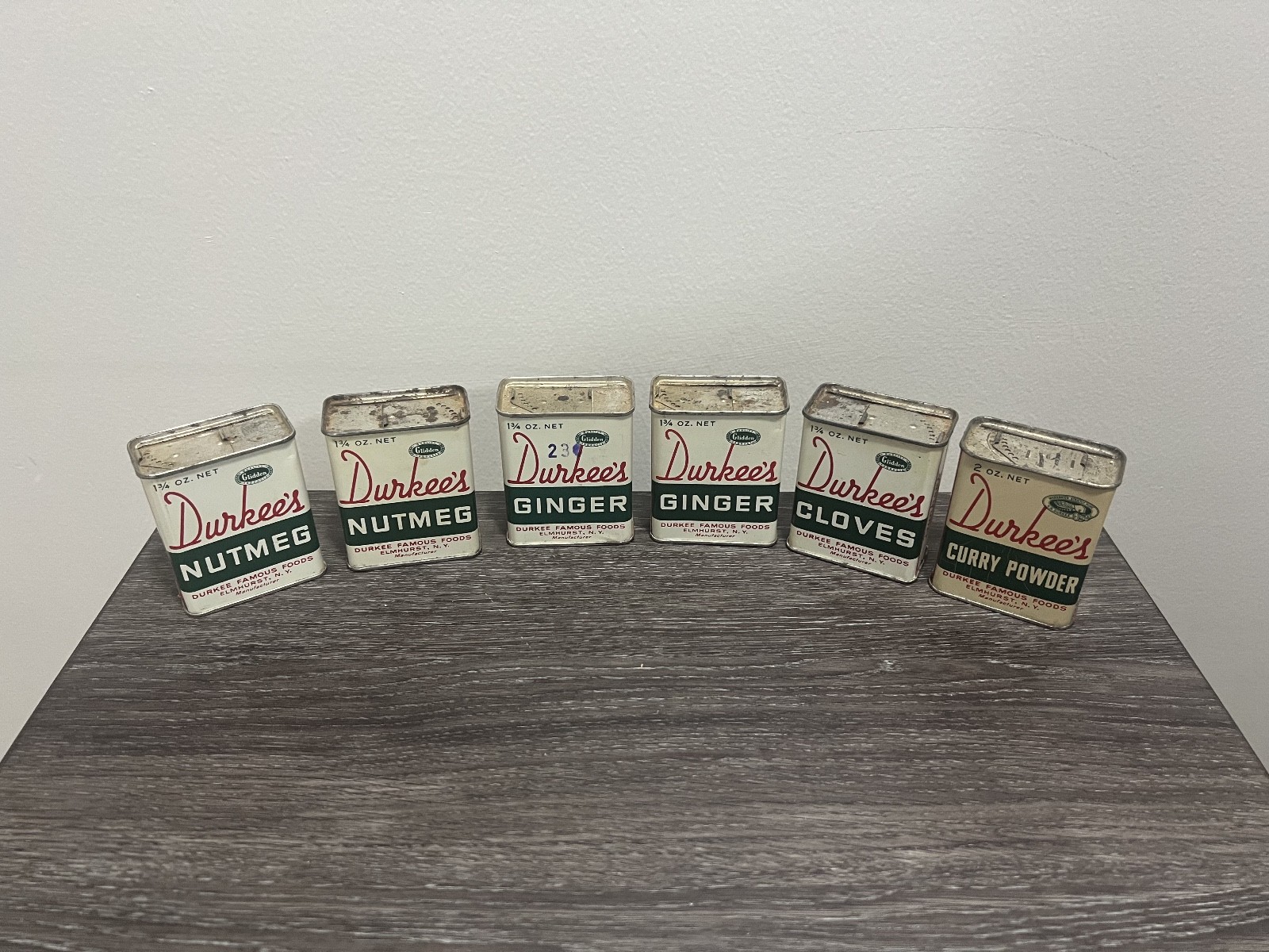 Vintage Durkee's Tins Spices Set Lot of 6 Nutmeg, Ginger, Cloves, Curry Powder