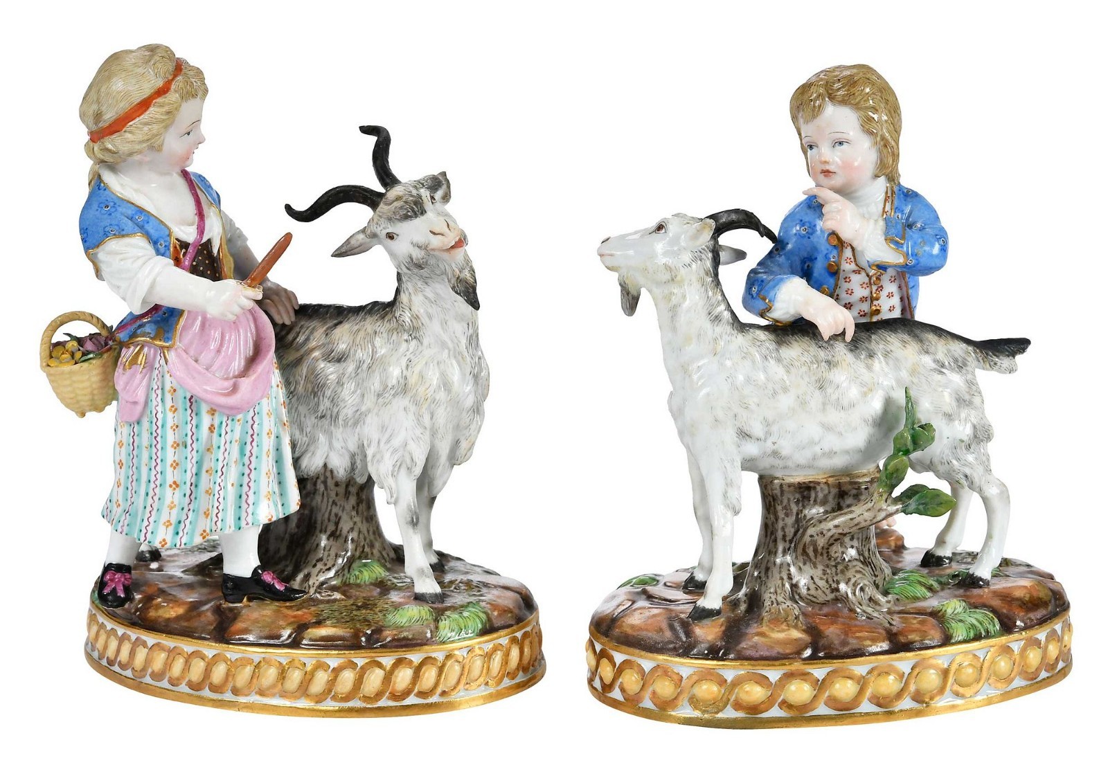 Antique Pair of Meissen Porcelain Figural Groups, Children with Goats