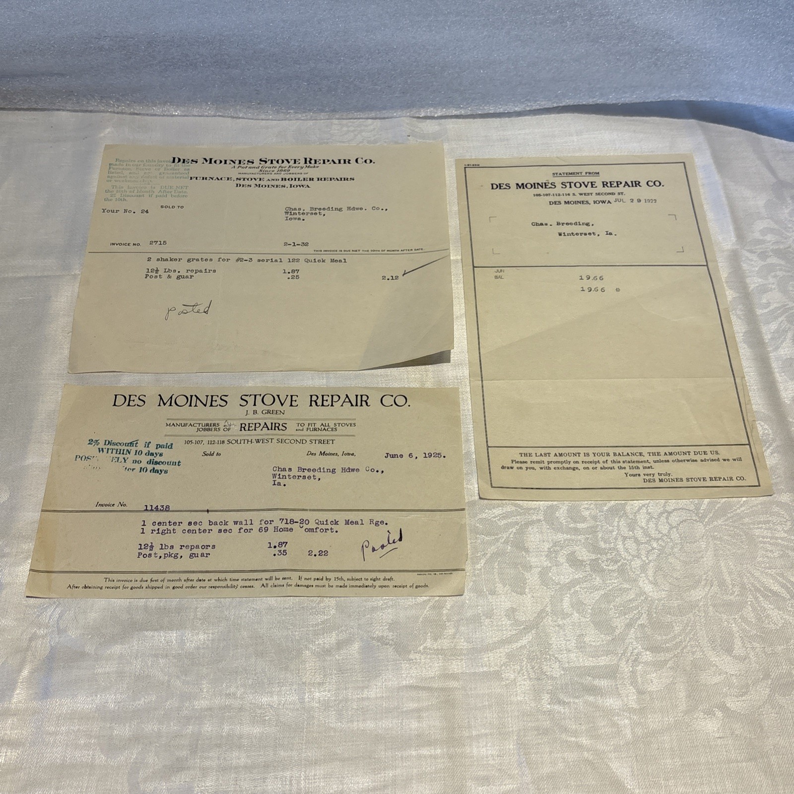 Rare & Vintage (3) Des Monies Stove Repair Co. Iowa Receipts 1922, 1925, & 1932 Rare & Vintage (3) Des Monies Stove Repair Co. Iowa Receipts 1922, 1925, & 1932