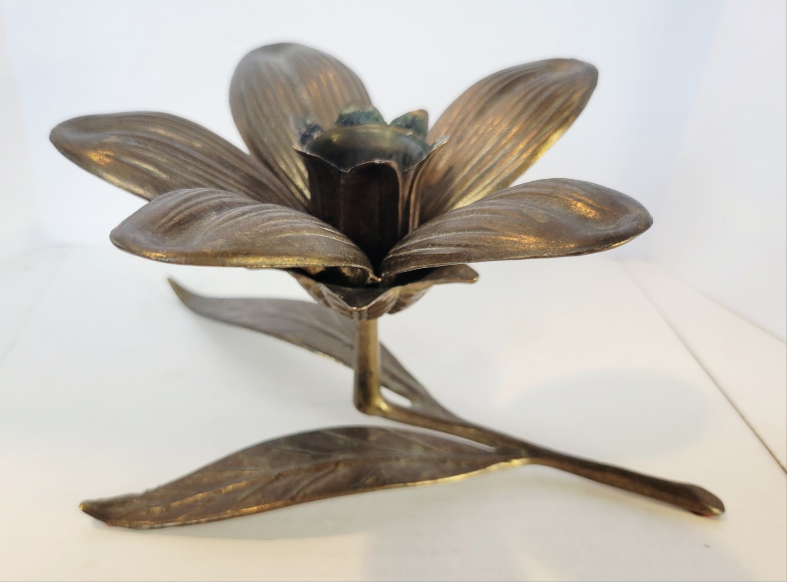 Vintage Brass MCM Lily Lotus Flower 5 Removable Petals Candle Holder 