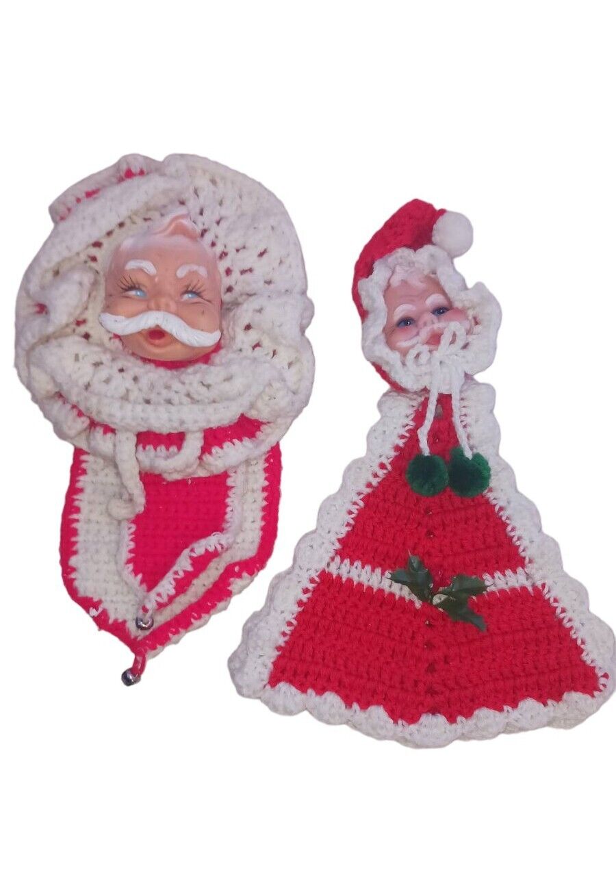 Vintage Hand Made Crochet Santa And Mrs Claus 