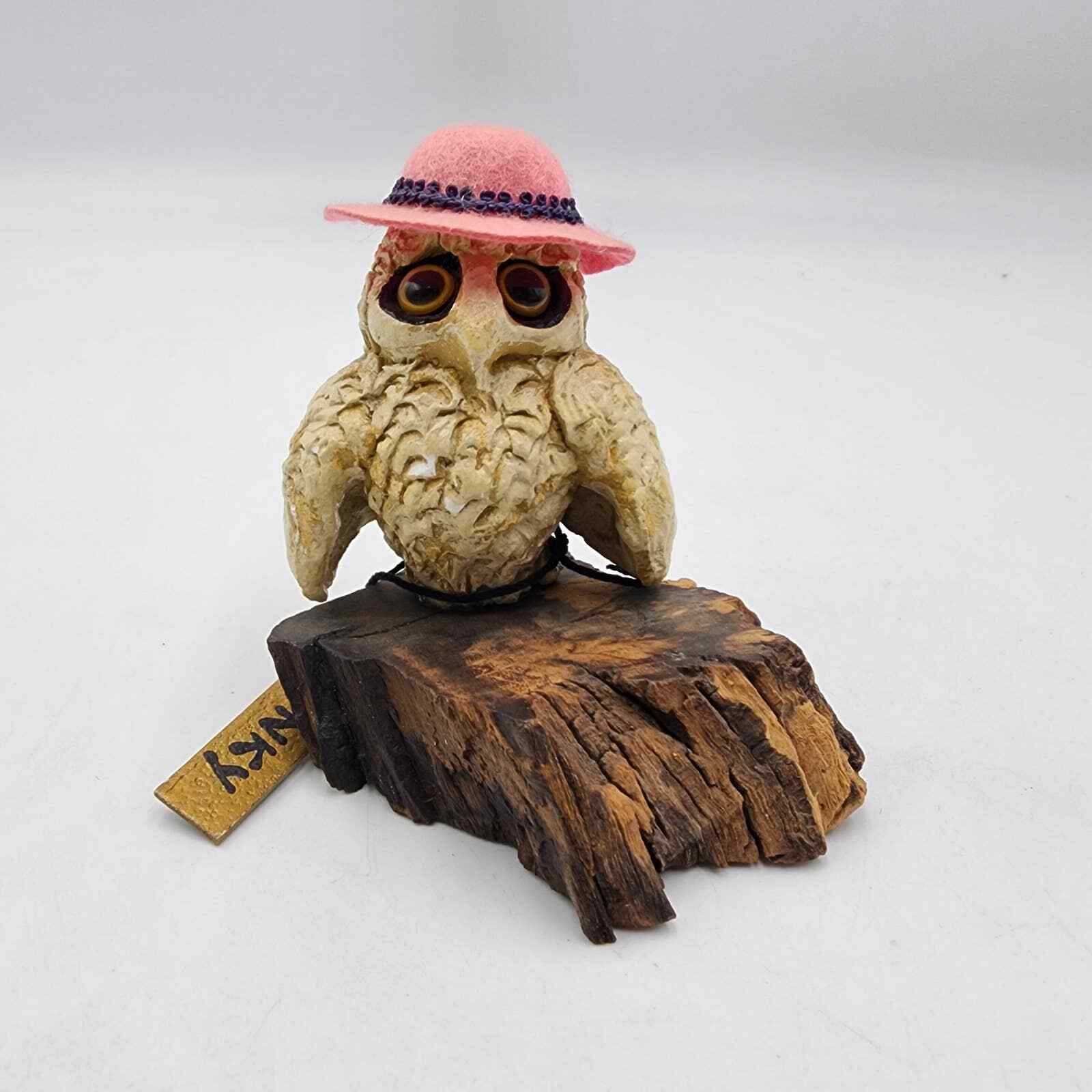 Vintage Unique Resin Owl On Wooden Base Figurine
