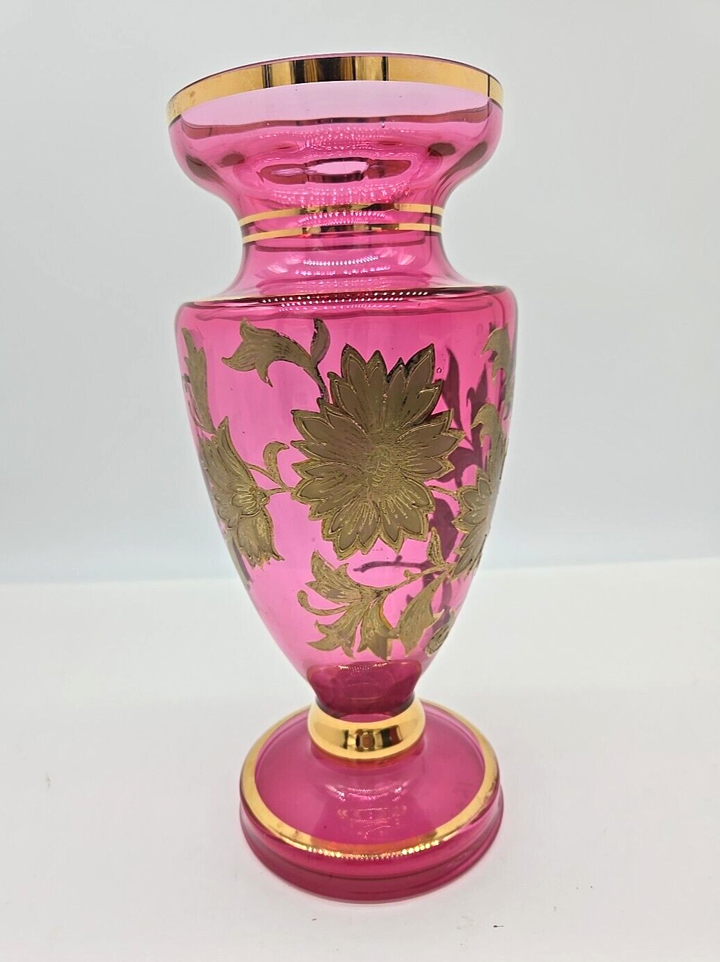 Vtg Bohemian Czech Cranberry Glass Vase Gold Gilded Floral Etched Number E379641
