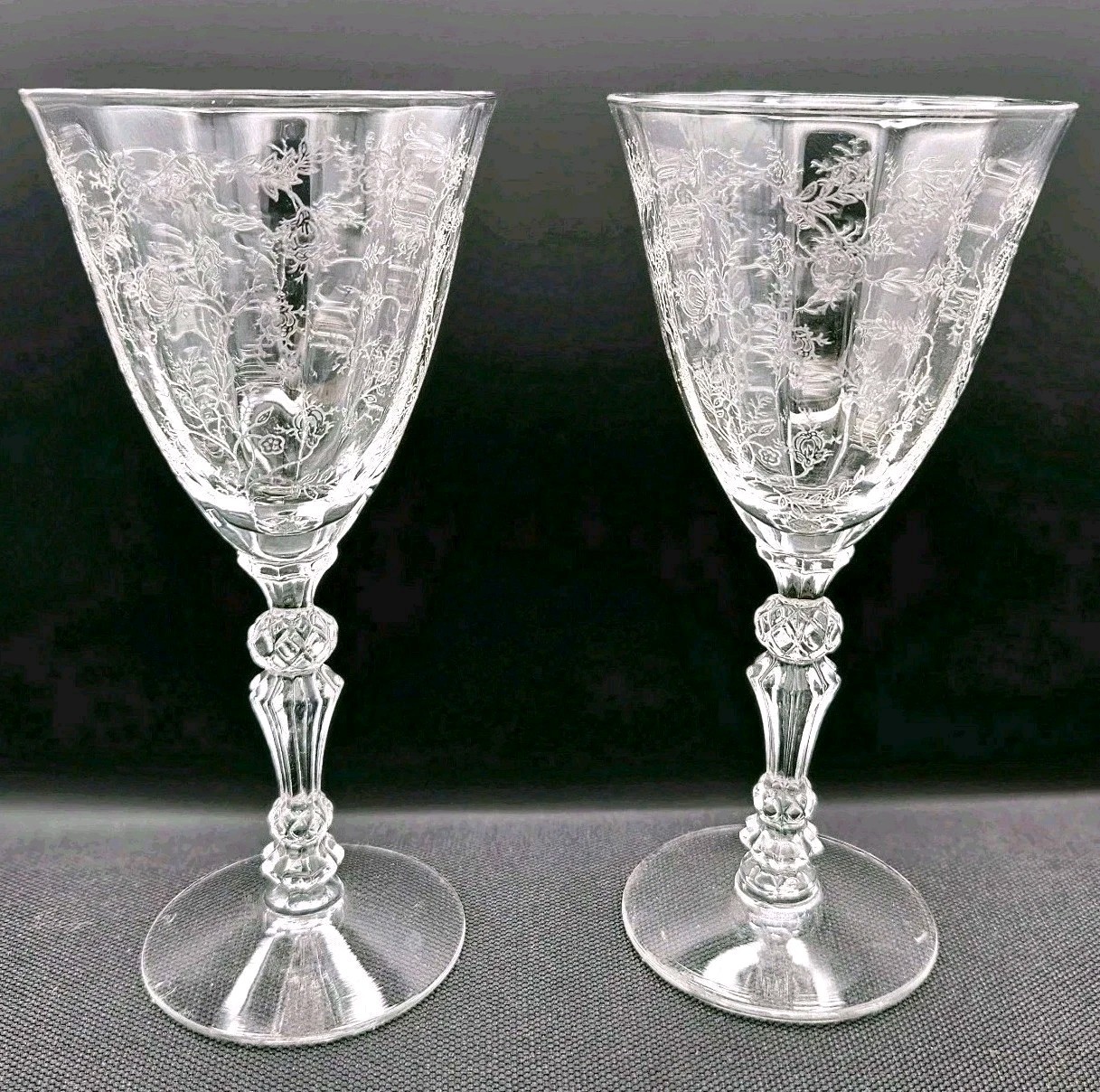 2 Fostoria Chinz Clear Crystal Claret Small Wine Glasses Etched Floral 5.25