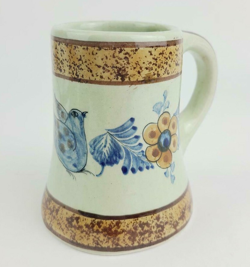 Stoneware Mexican Art Pottery Mug Tankard Brown & Blue - Bird & Flowers Mexico 
