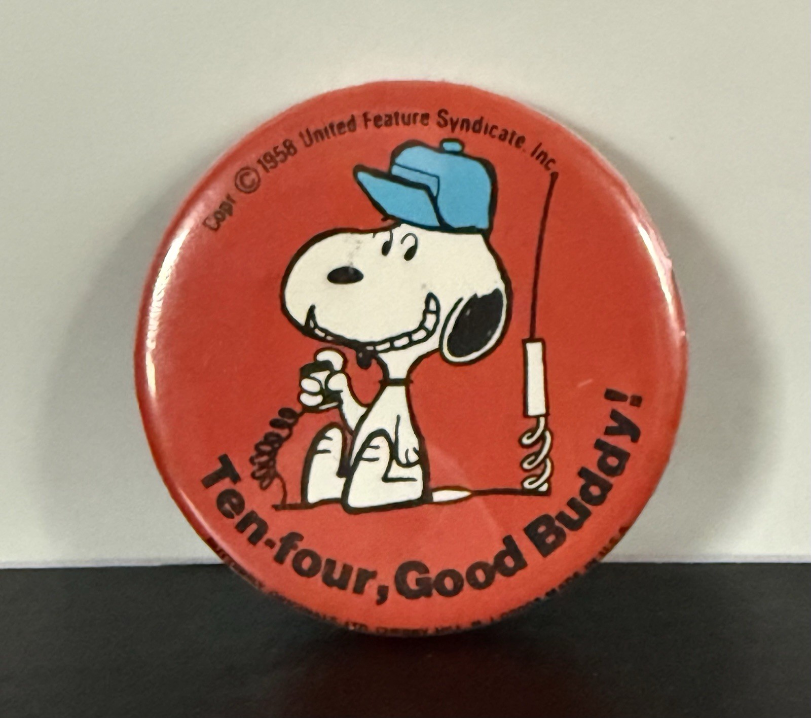Snoopy Ten Four Good Buddy Peanuts Made USA Vintage Button Pin 2.25\