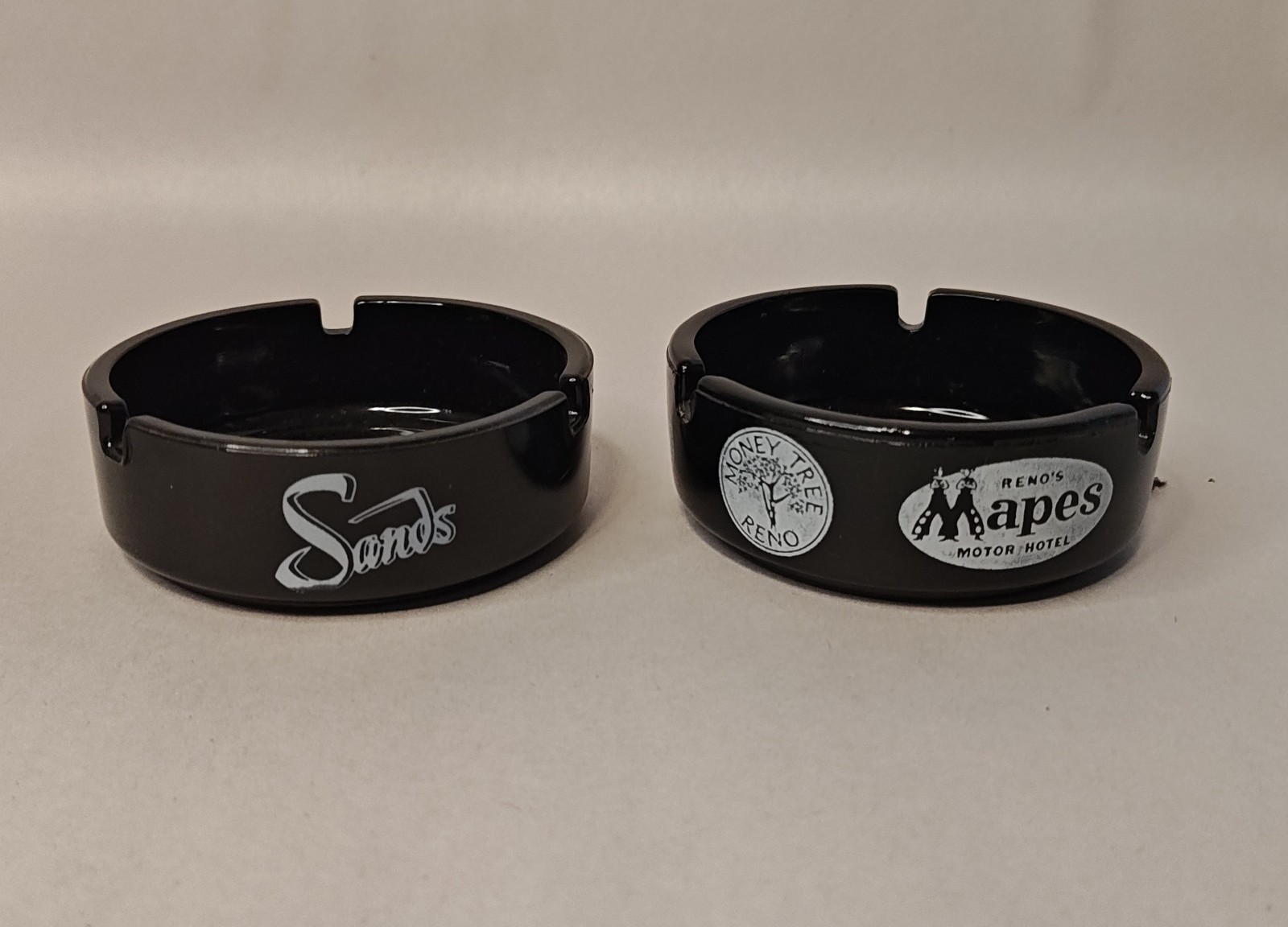 Vintage Reno Sands Mapes Money Tree Hotel Casino Ashtrays Lot 2 Black Glass