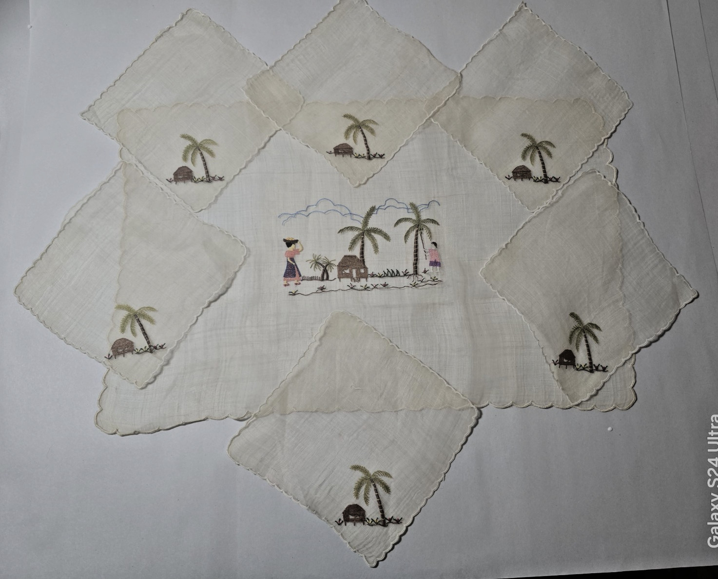 VTG Marghab Madeira Linen Pacemat Cocktail Napkins Tropical Native Village Scene VTG Marghab Madeira Linen Pacemat Cocktail Napkins Tropical Native Village Scene