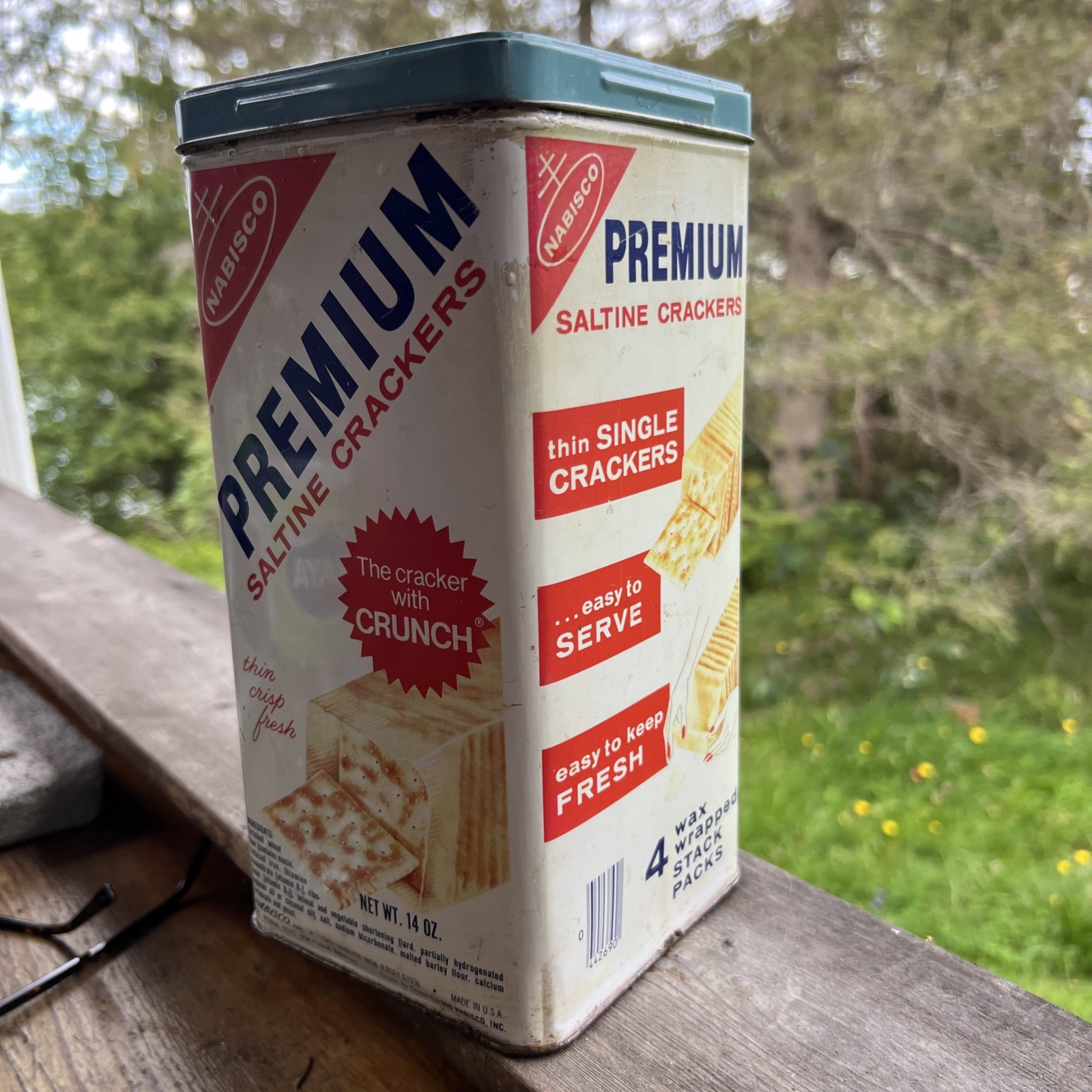 Vintage Nabisco Premium Saltine Crackers Tin Canister Blue Lid 14 Oz