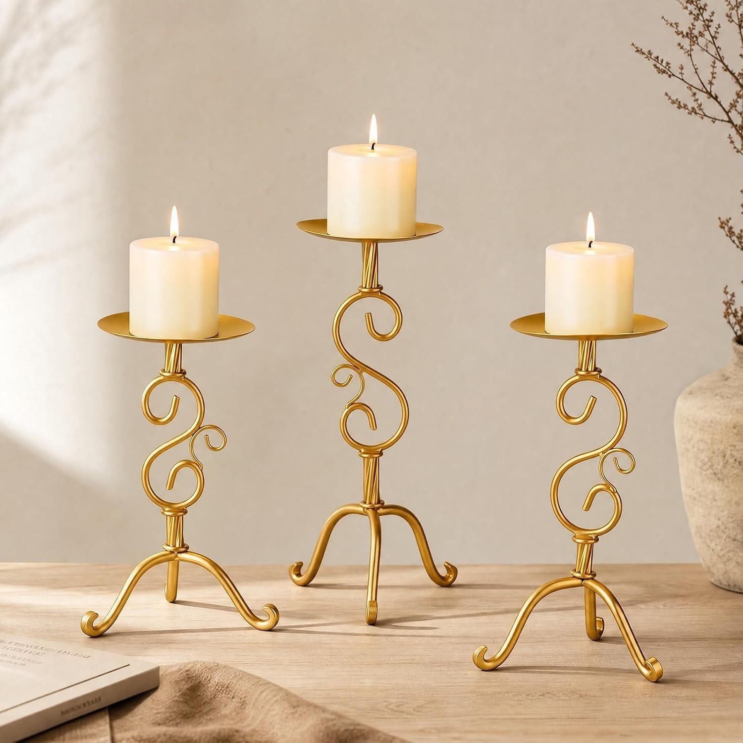 3-Piece Gold Wrought Iron Candlestick Set - Elegant Tall Pillar Holders for W...