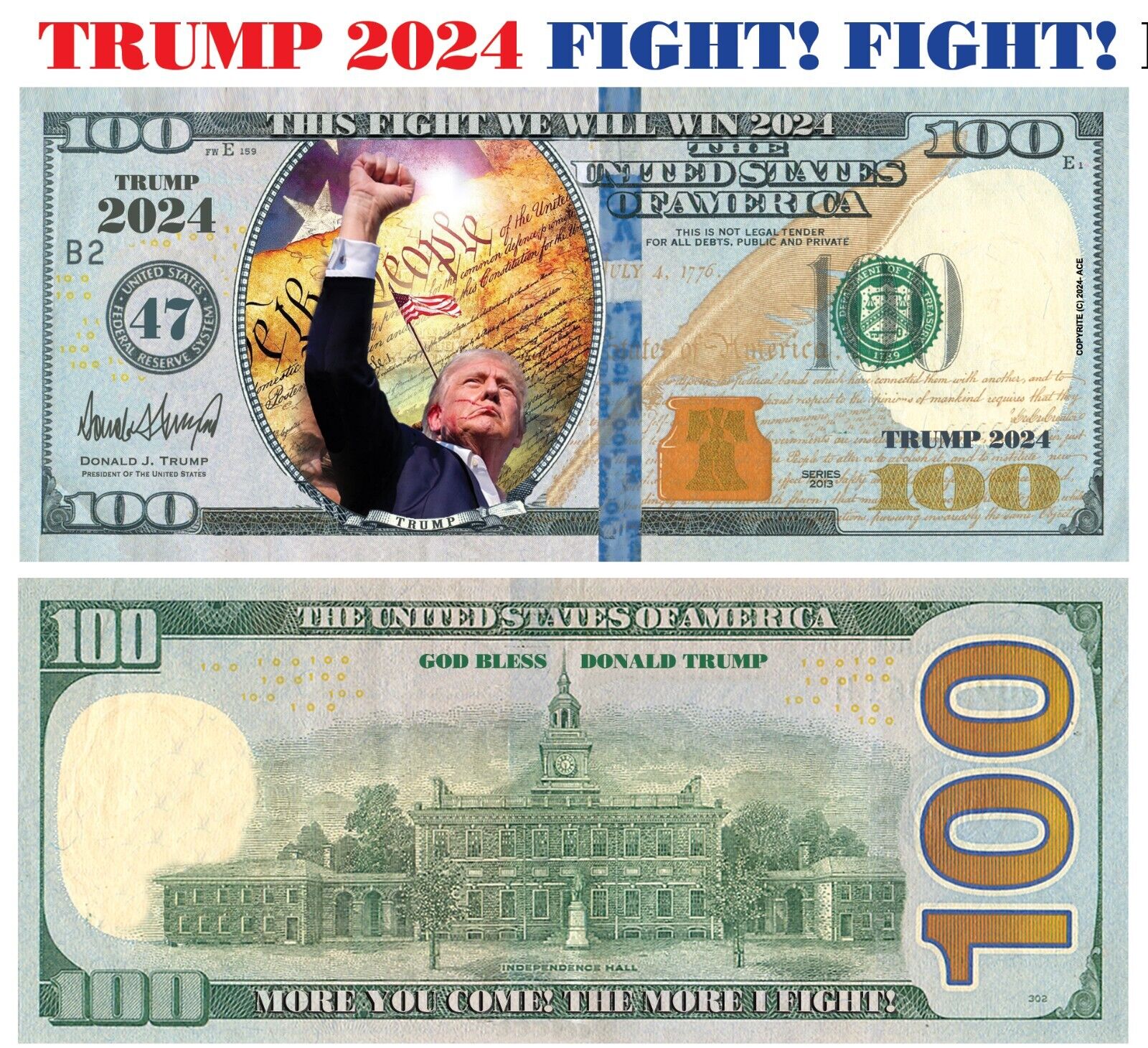 100 pack TRUMP FIGHT, FIGHT FIGHT 2024 Dollar Bills Funny Money Maga