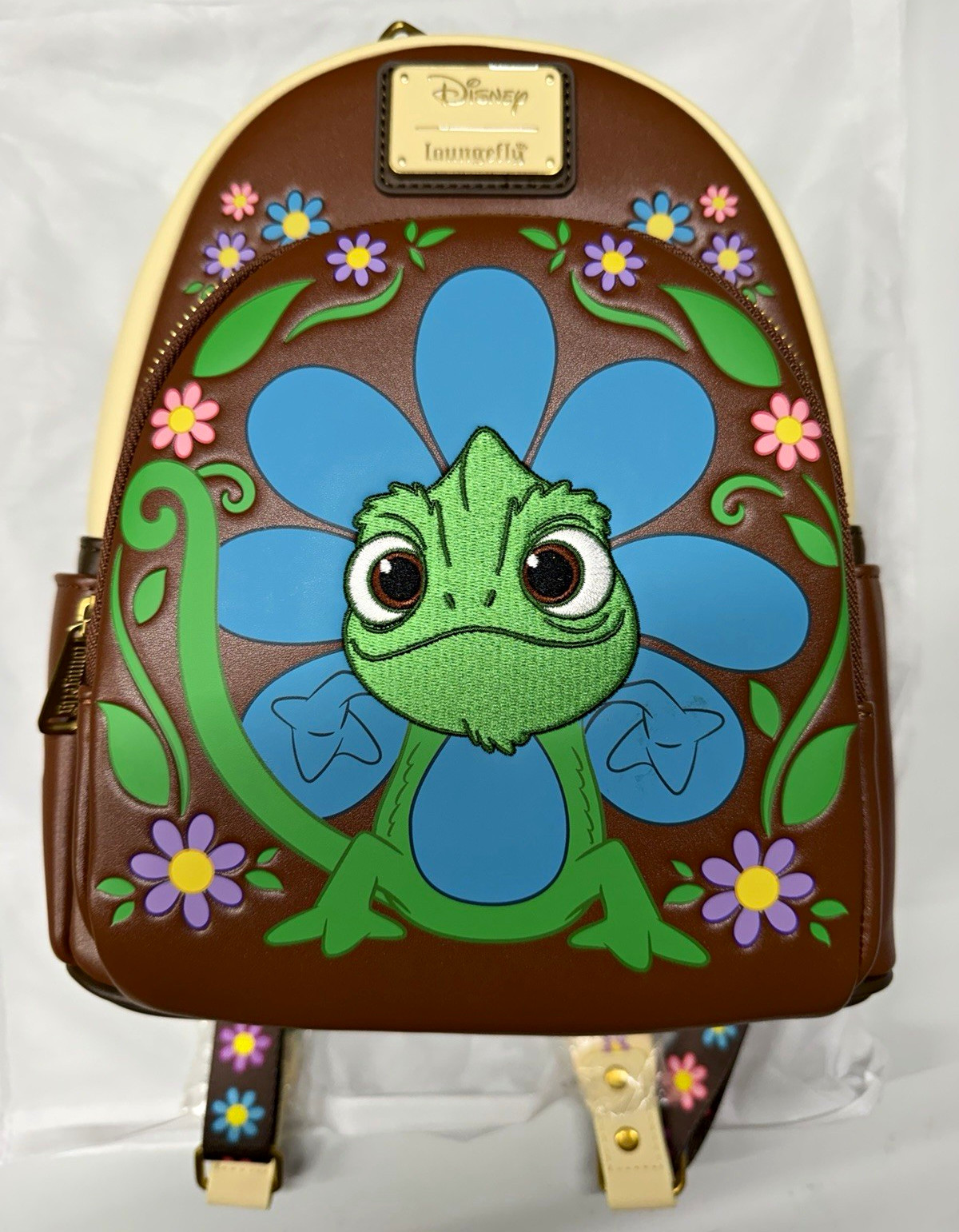Loungefly Disney Rapunzel Pascal Floral Brown Mini Backpack Handbag