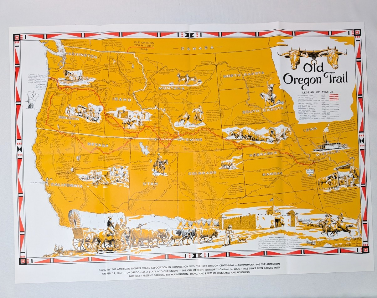 VTG 1959 Old OREGON TRAIL Map 25x18 Illustrated Irvin Shope Western Americana