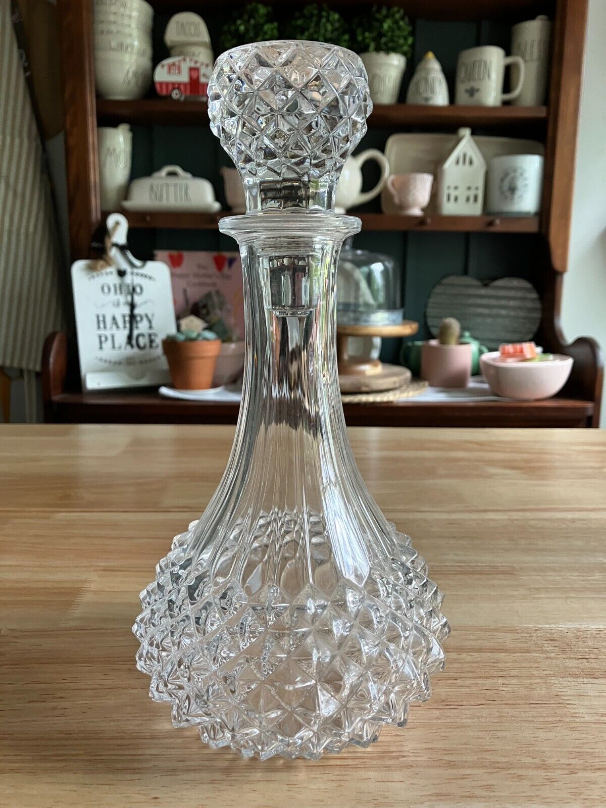 Vintage Clear Glass Liquor Wine Decanter Carafe Diamond Cut Hobnail