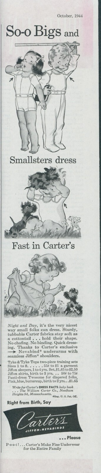 1944 Carters Children Clothing Puppy Flowers Jiffon Nevabinds Print Ad LHJ1