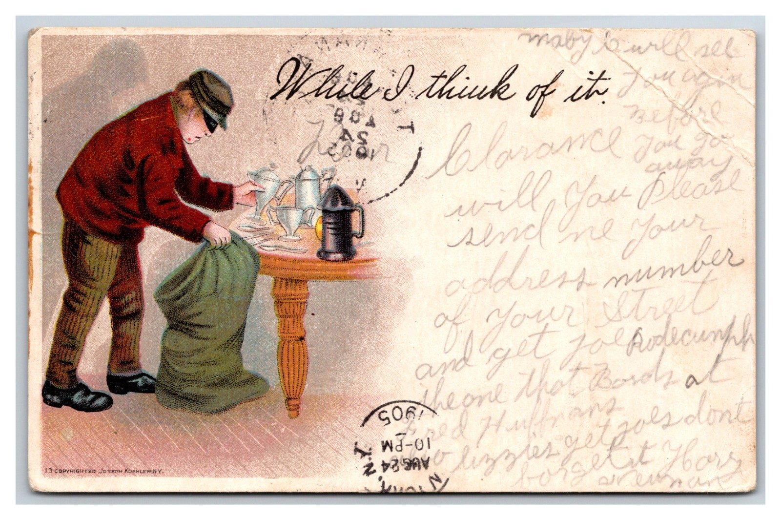 Comic Robber Stealing Silver - While He Thinks Of It Crime 1905 UDB Postcard S2