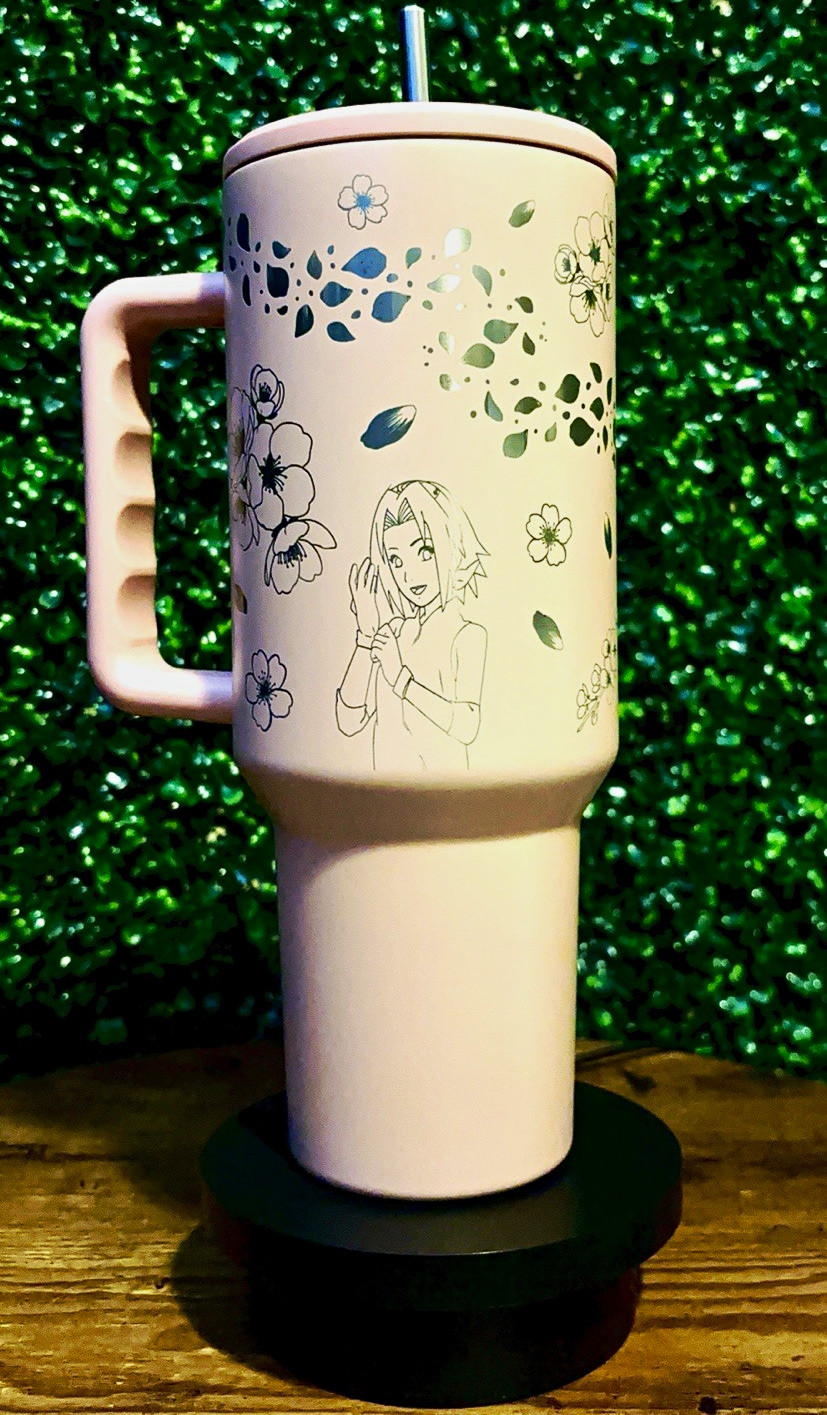 40 oz Pink Sakura Naruto Tumbler w/ Lid & Straw Custom Laser Engrave