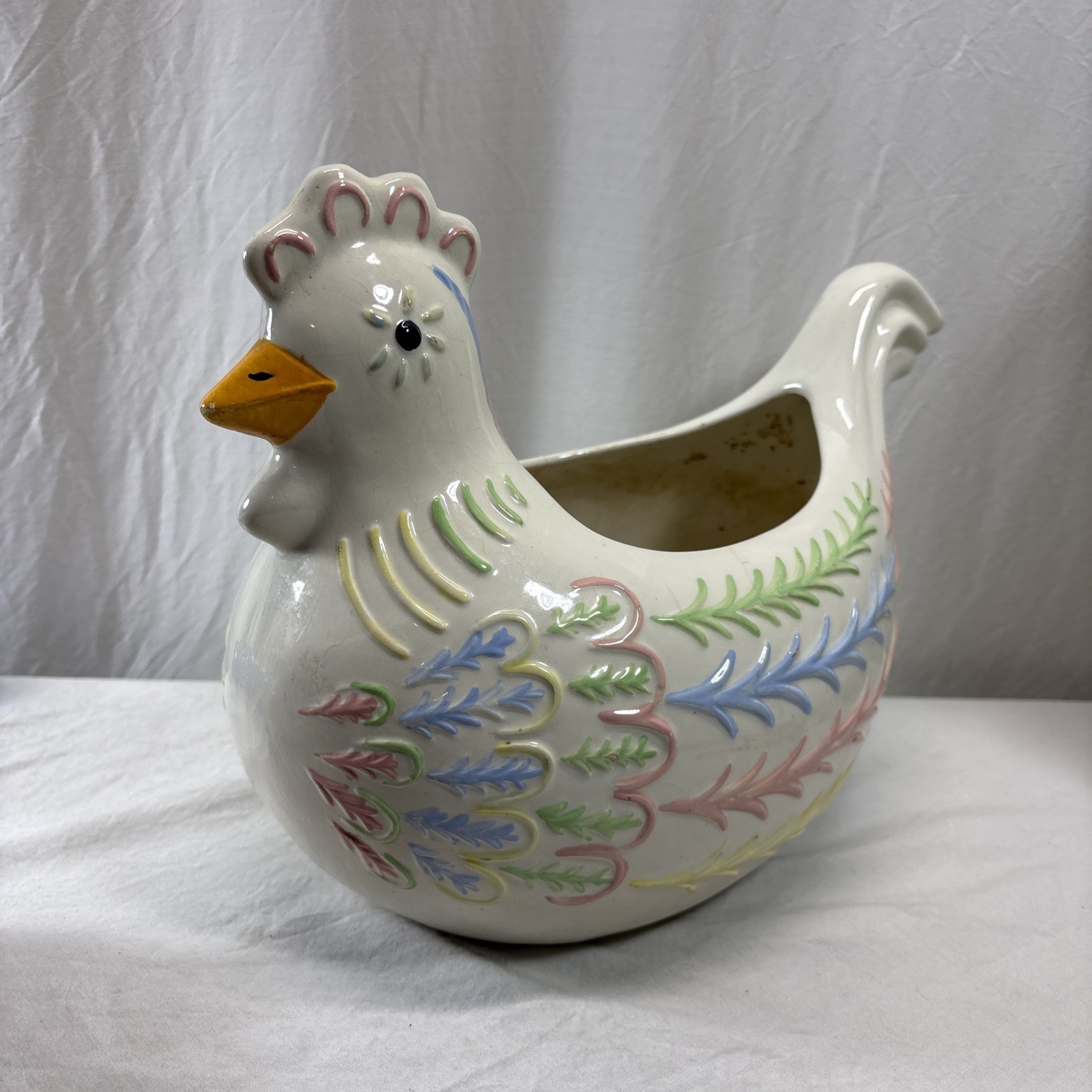 Pottery Chicken Hen Planter Green Yellow Speckled unsigned Pottery Chicken Hen Planter Green Yellow Speckled unsigned