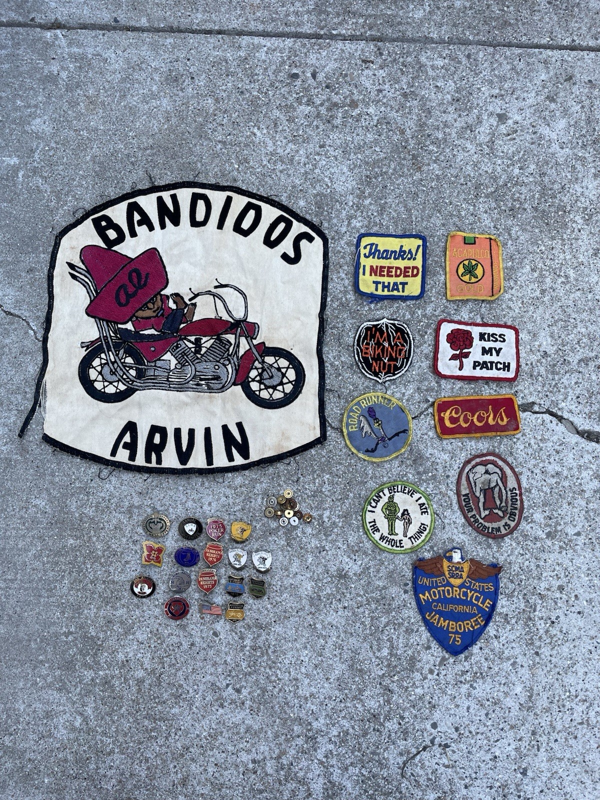 Rare 70s Bandidos MC Arvin CA Back Patch Lot - Chain Stitch Cut-Off Pins Set