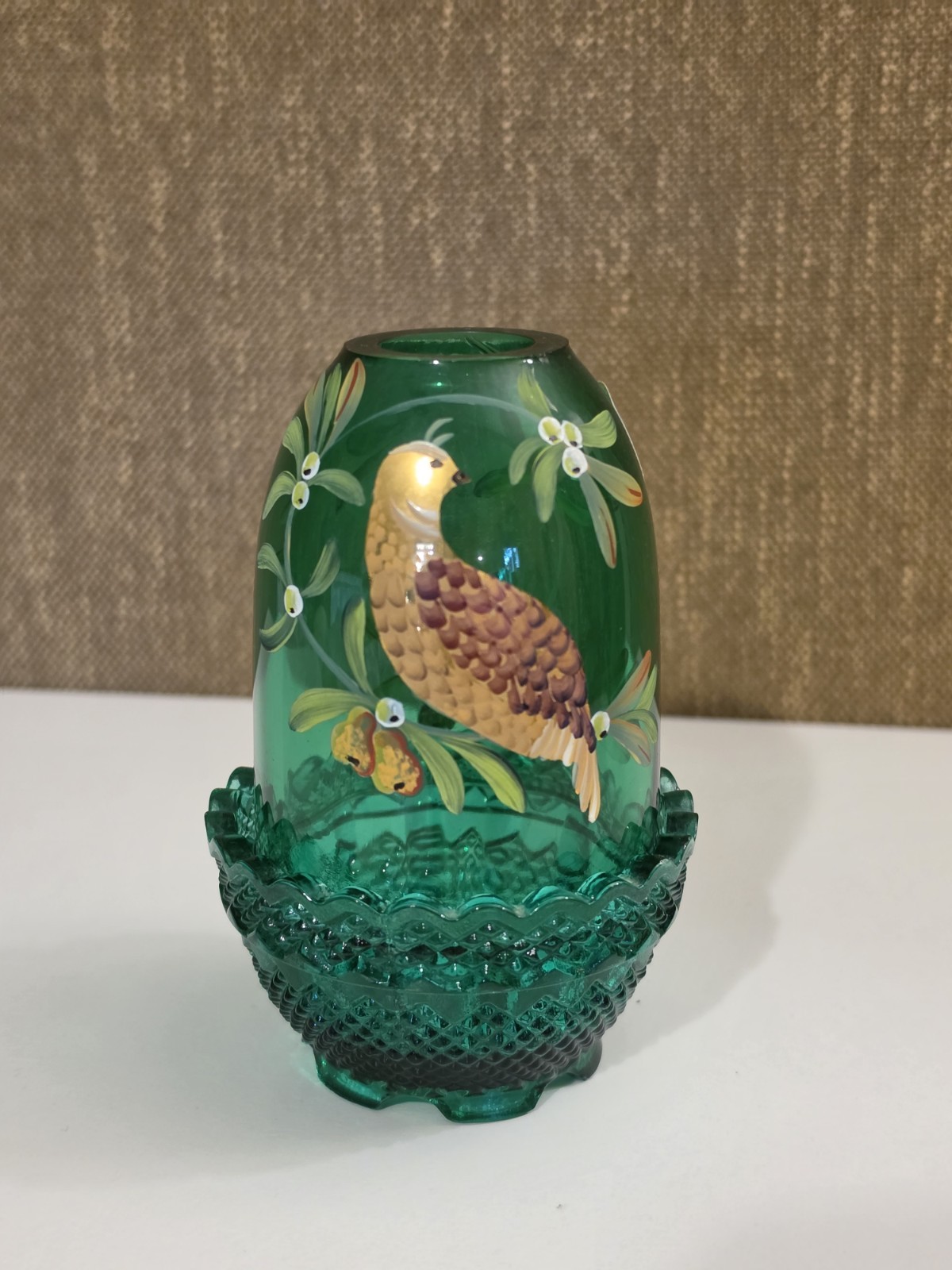 Fenton FAIRY Light*Partridge In A Pear Tree*Emerald Green Hand Painted 4.5\