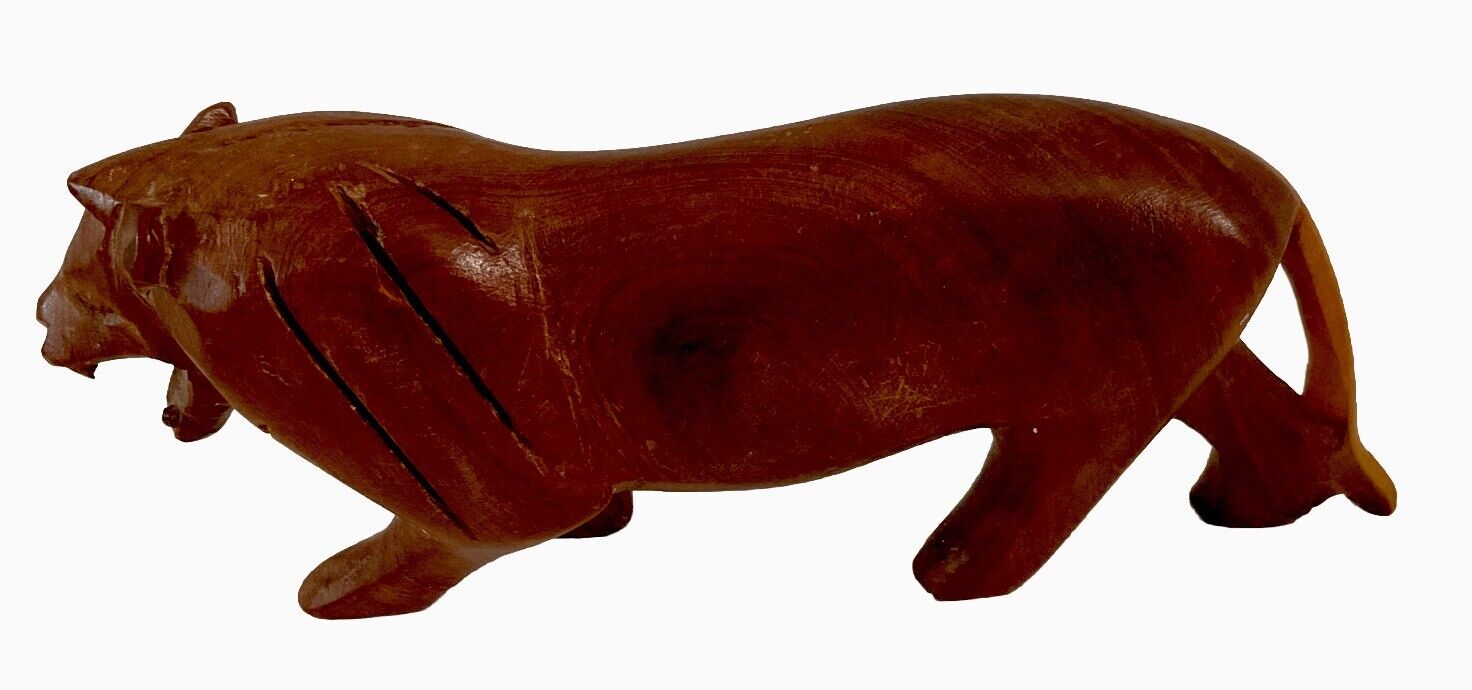 Vintage Hand Carved Wooden African Lion Figurine Roaring Stalking Solid 8.5 “