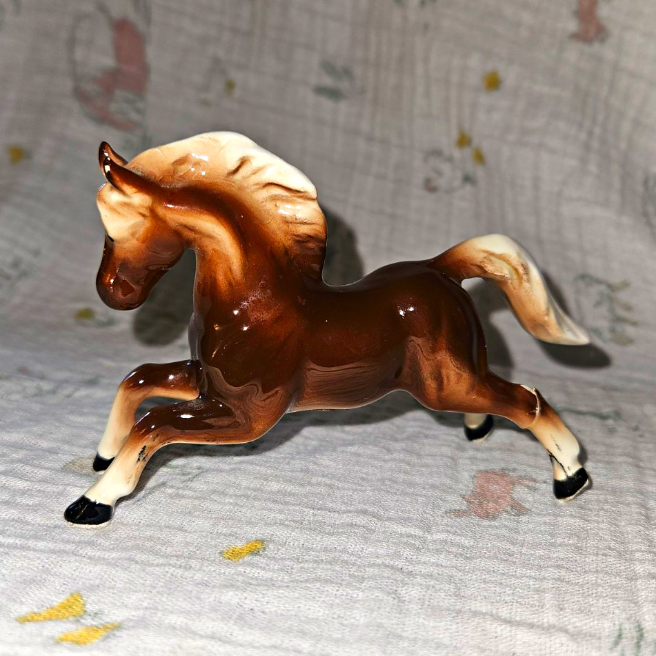 Porcelain Horse Figurine Brown/White Running Pose Belly Stamp