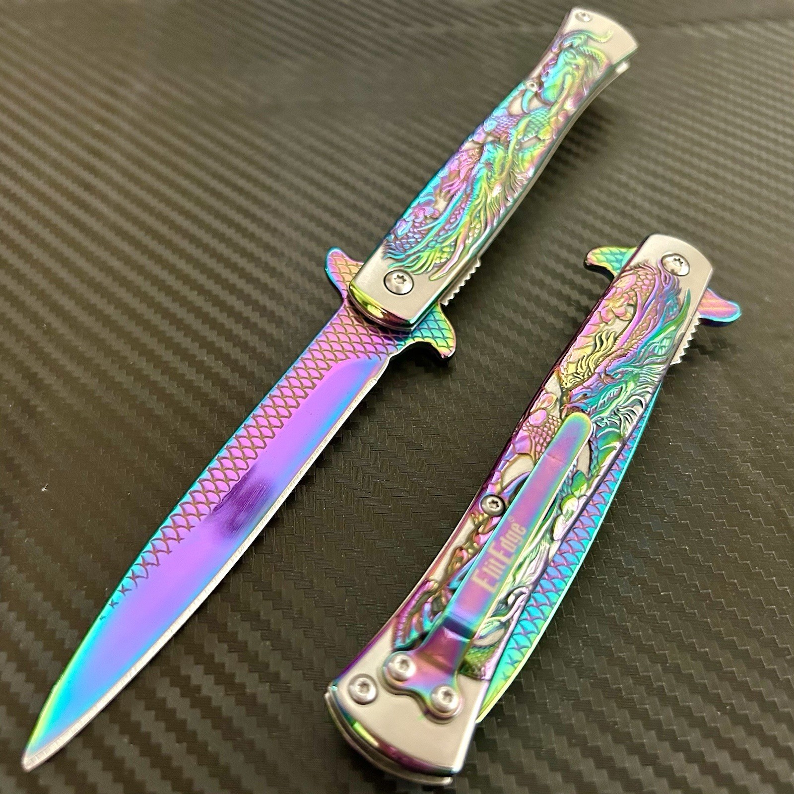 9” Rainbow Dragon Knife Tactical Spring Assisted Open Blade Folding Pocket Knife