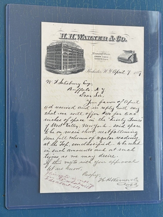 Warners Cure Bottle Letter 1887 Rochester NY Hand Written by Medicine Agent Rare