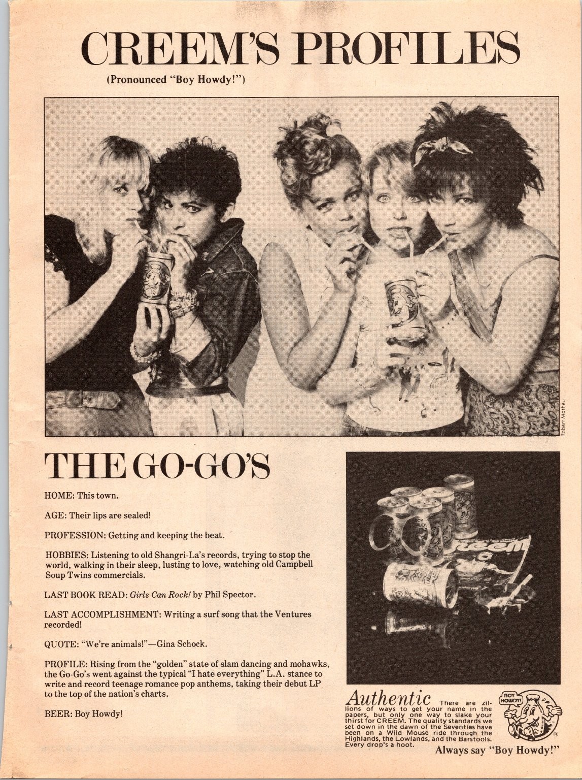 Creem The Go-Go\'s Boy Howdy Beer Vintage Magazine Ad 1980s Rock Band Profile