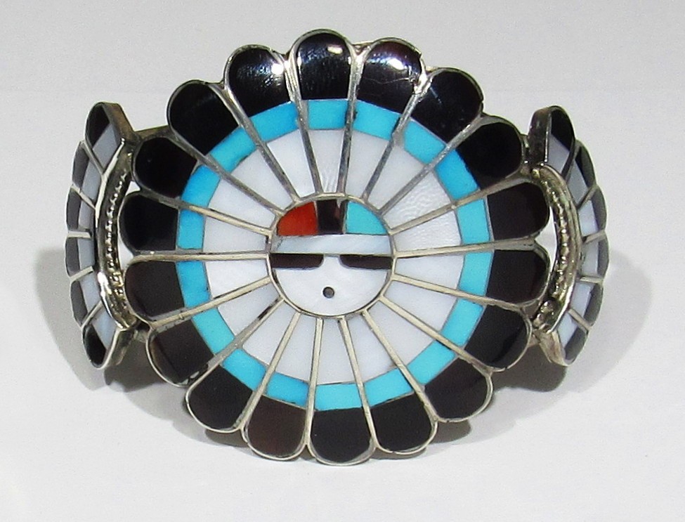 Big Old Signed Zuni JD Massie 925 Silver Turquoise Coral Sunface Bracelet 6 1/4\