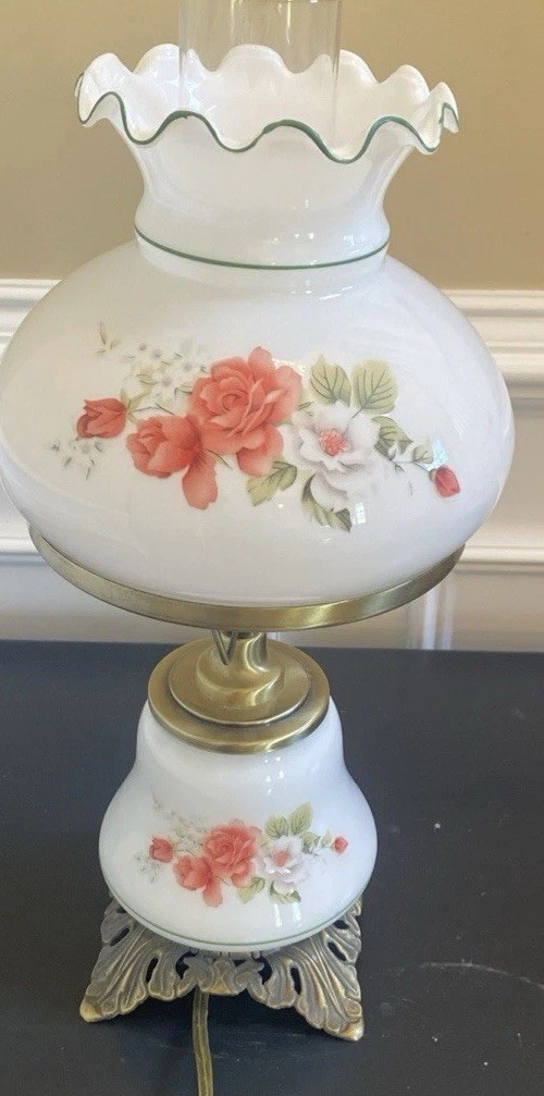 Vtg Hand Painted Ruffled Milk Glass Parlor Lamp GWTW Style, 3 Way, 18” Pink Rose