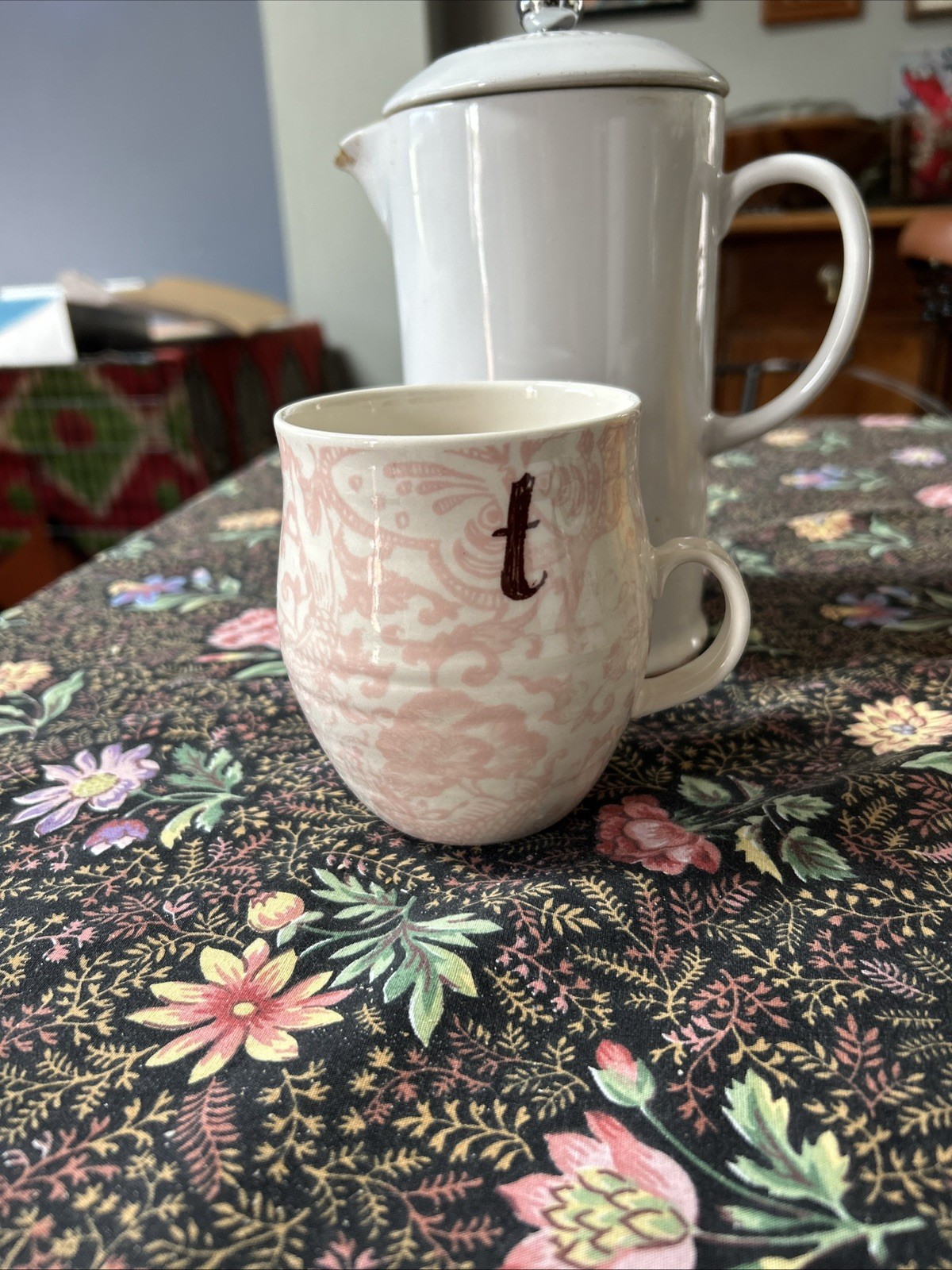 Anthropologie Homegrown Initial “t”Letter Monogram Pink Floral Coffee Mug