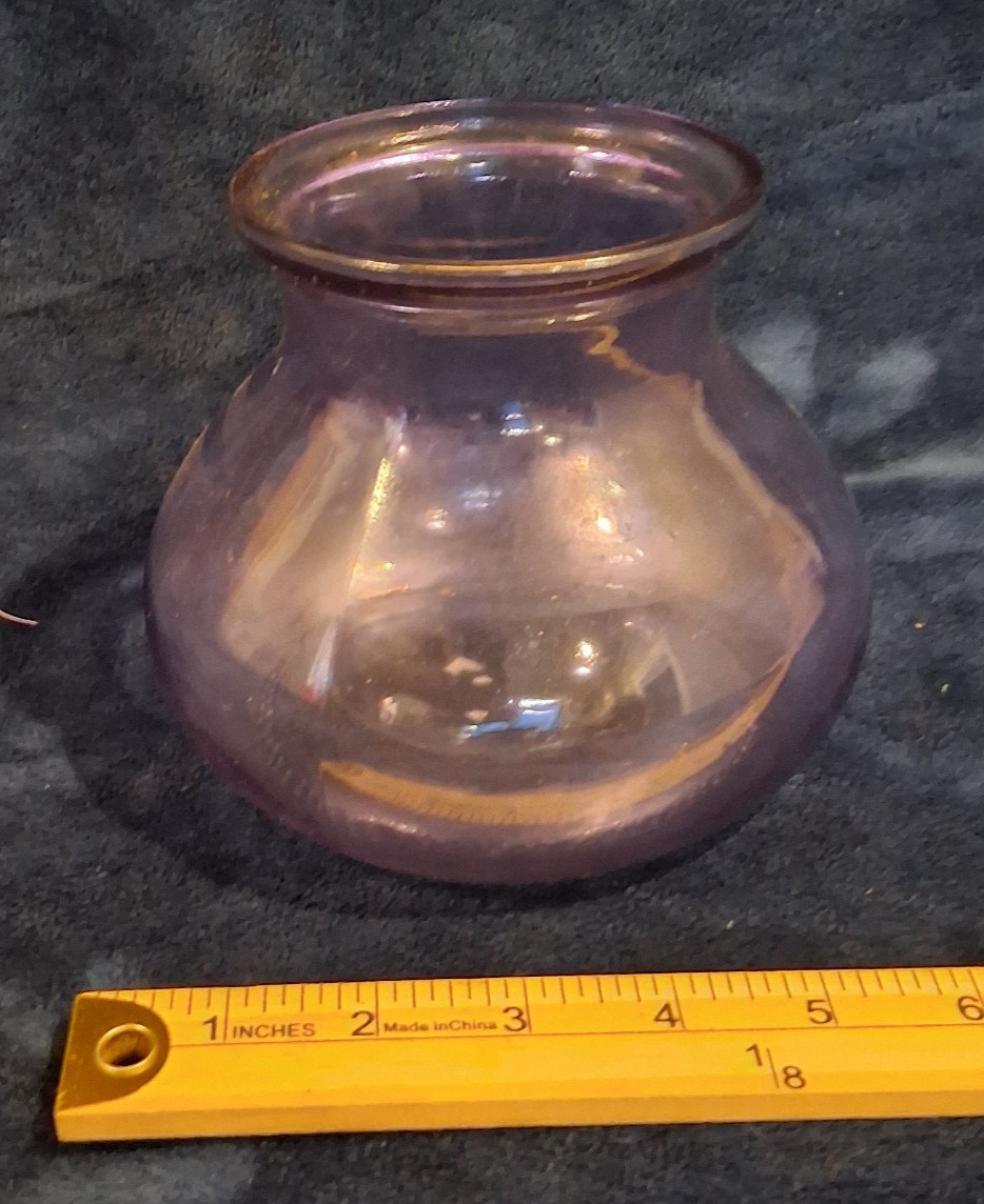Vintage Purple Glass Rose Bowl Vase Iridescent Amethyst Squat Bulbous 5\