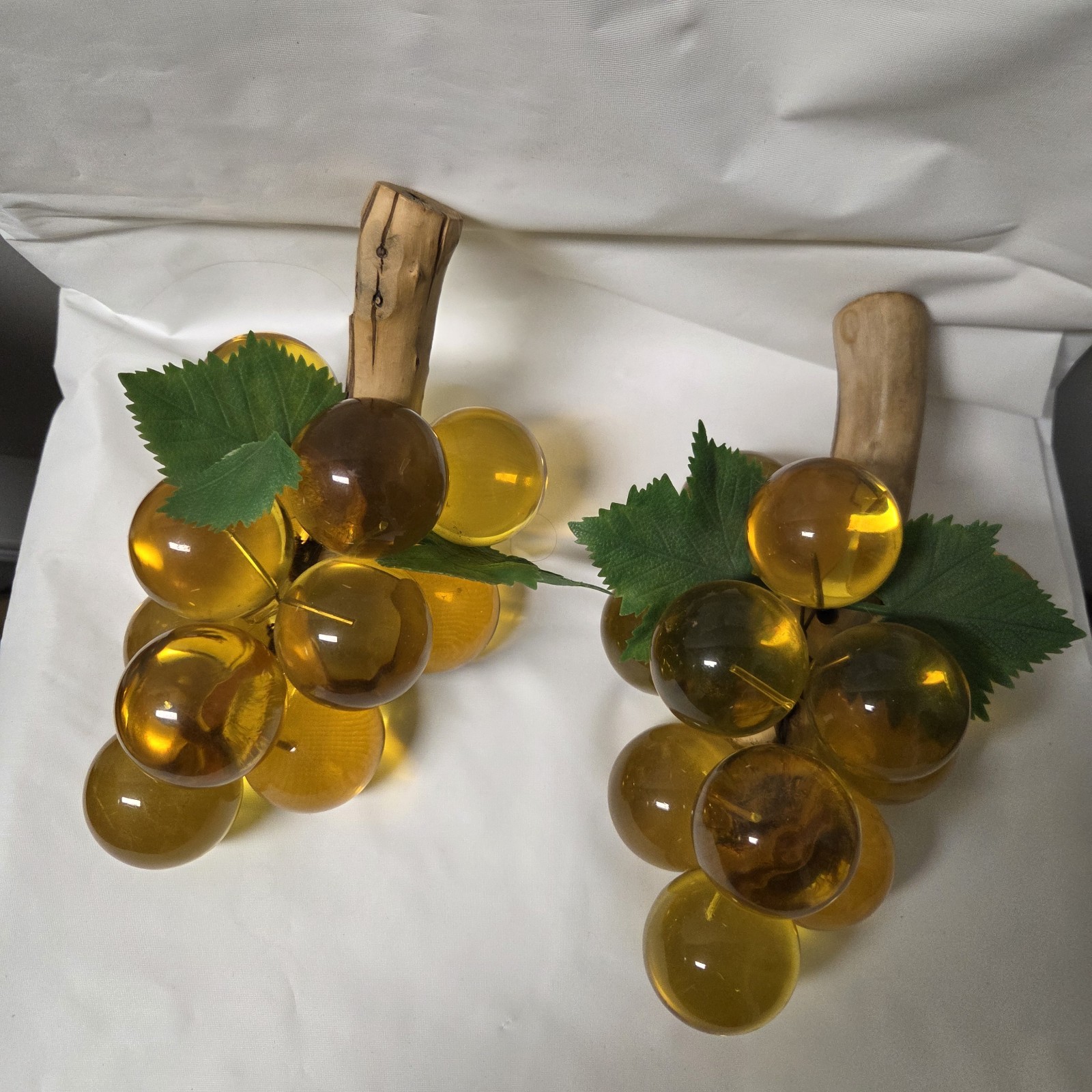 Vintage Pair MCM Amber Lucite Cluster Of Grapes Wood Stems