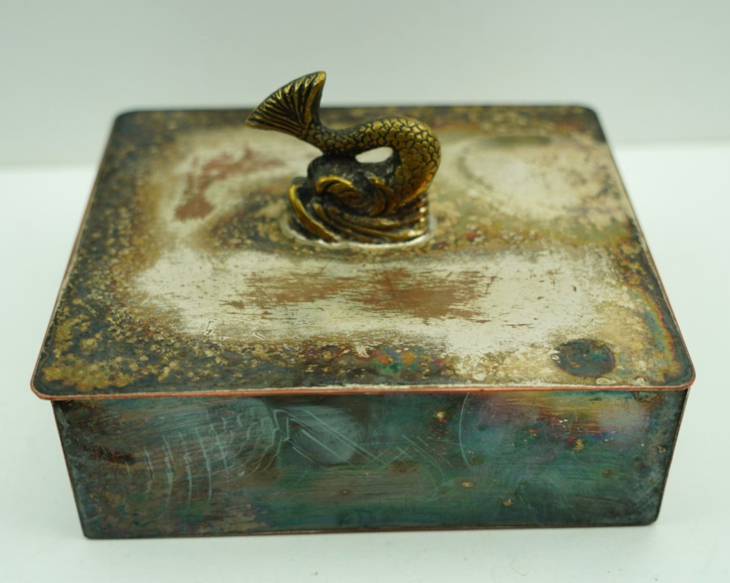 Vintage Art Deco Silver Plated Copper Trinket Box Brass Fish Dolphin Finial MCM Vintage Art Deco Silver Plated Copper Trinket Box Brass Fish Dolphin Finial MCM