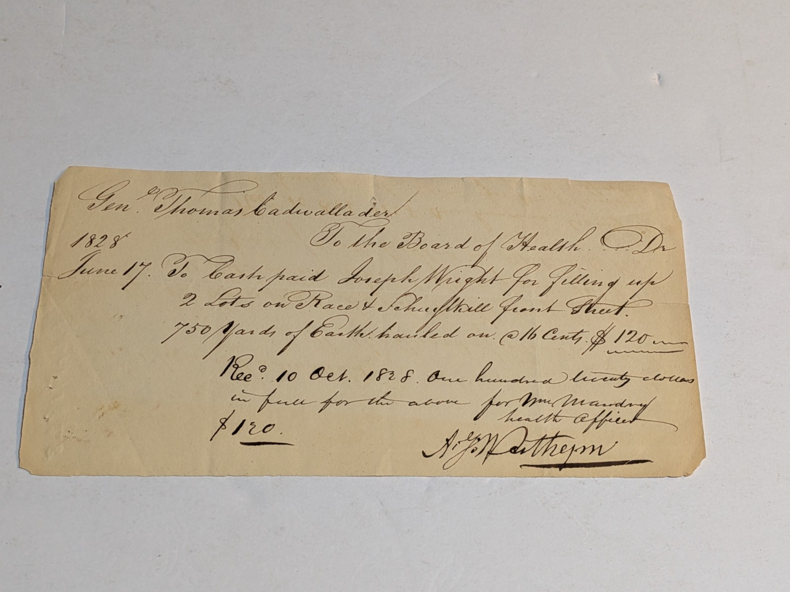 1828 Board of Health Receipt • Gen. Thomas Cadwallader • Philadelphia