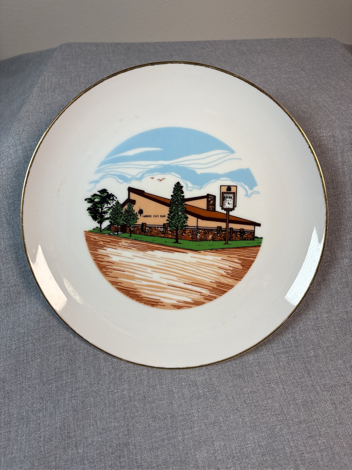 Vintage MN Farmers State Bank Advertising Plate Souvenir Gold Trim Ceramic Dish