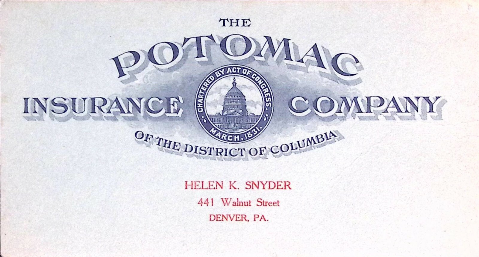 Potomac Insurance Company DC Helen Snyder Denver PA Business Card Vintage Potomac Insurance Company DC Helen Snyder Denver PA Business Card Vintage